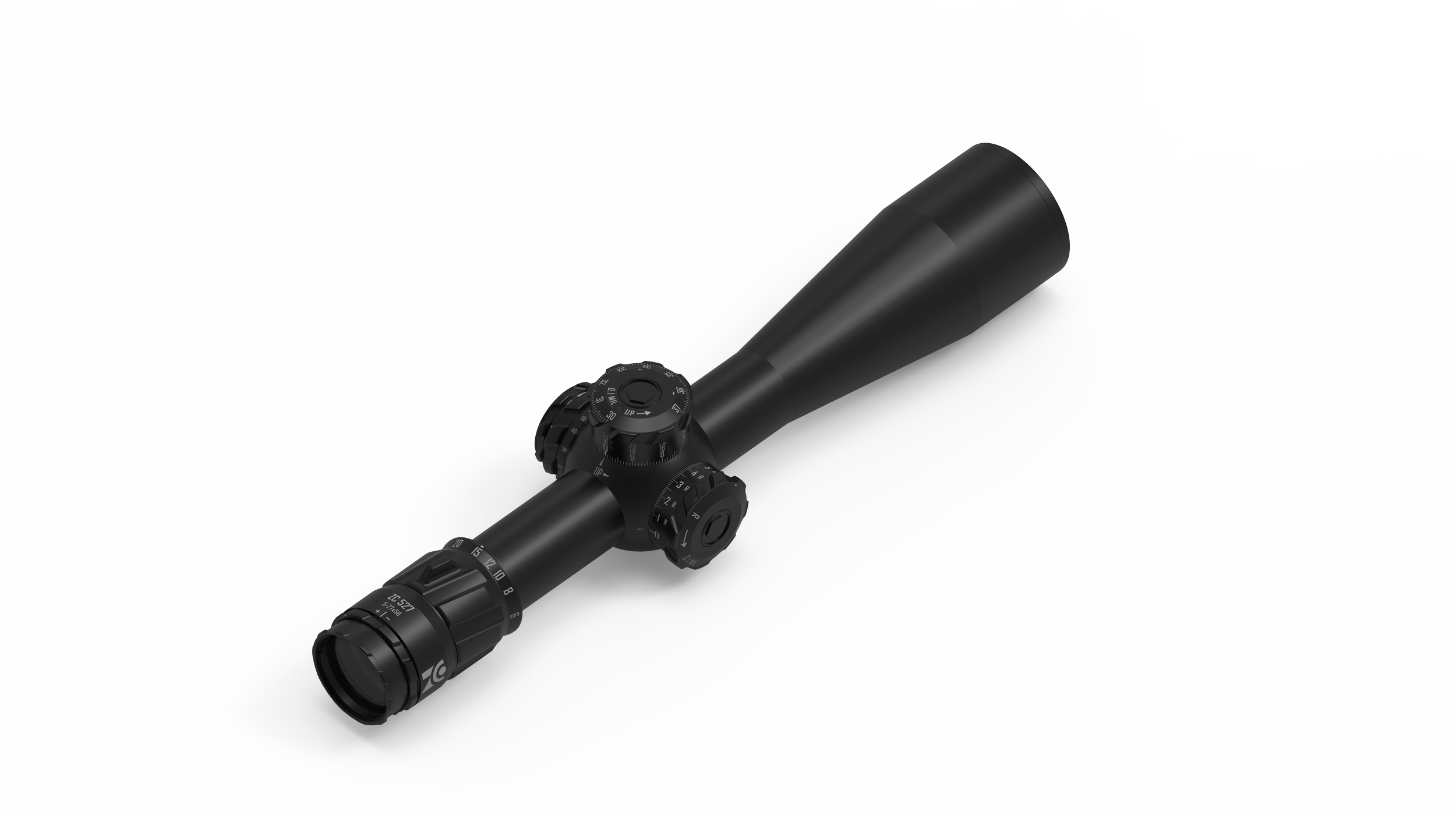 Ein schwarzer Zielfernrohr mit Einstellknöpfen auf einer weißen Oberfläche.