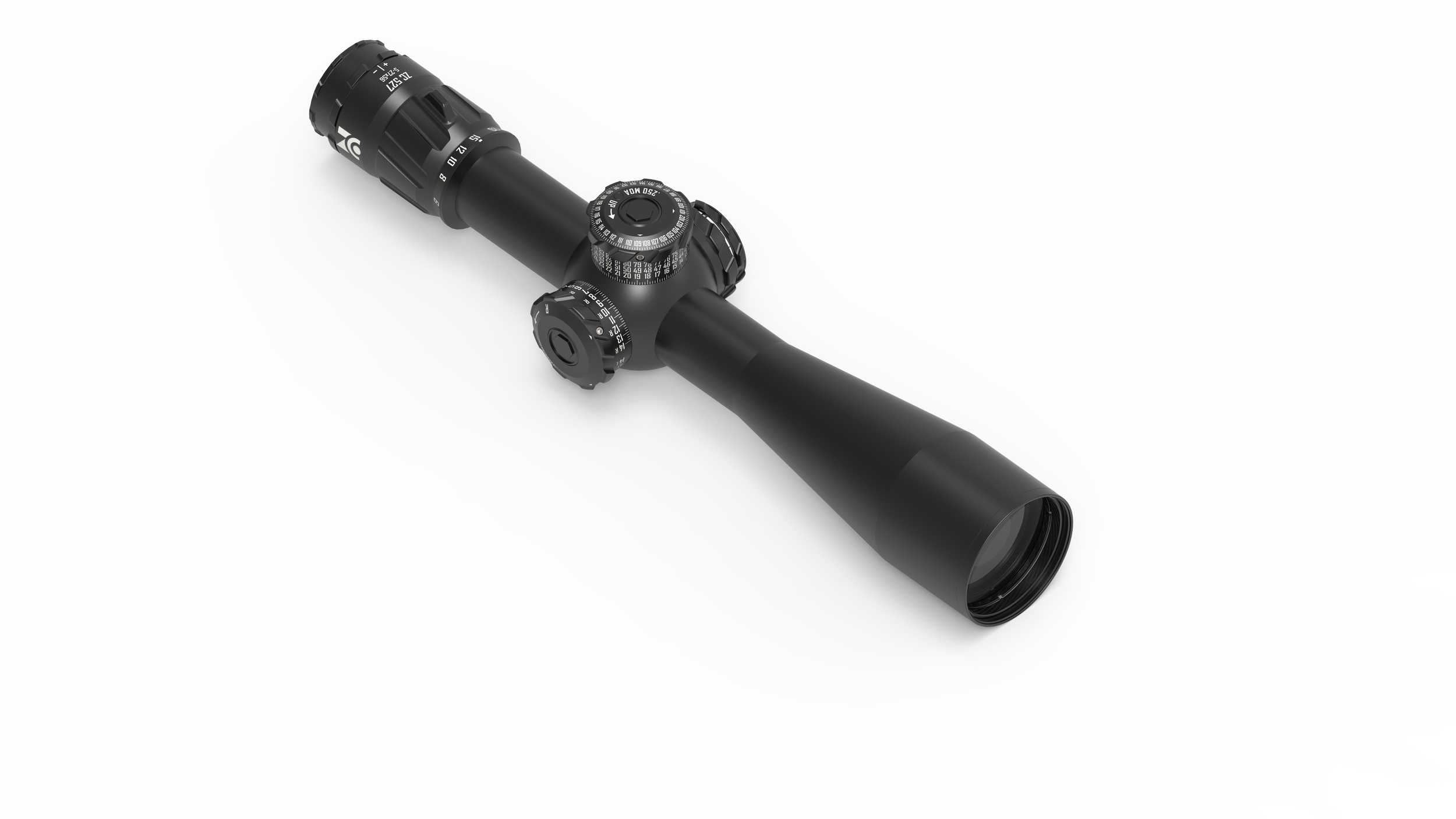 Schwarzer Zielfernrohr mit Skalen und Verstellknöpfen auf neutralem weißen Hintergrund.