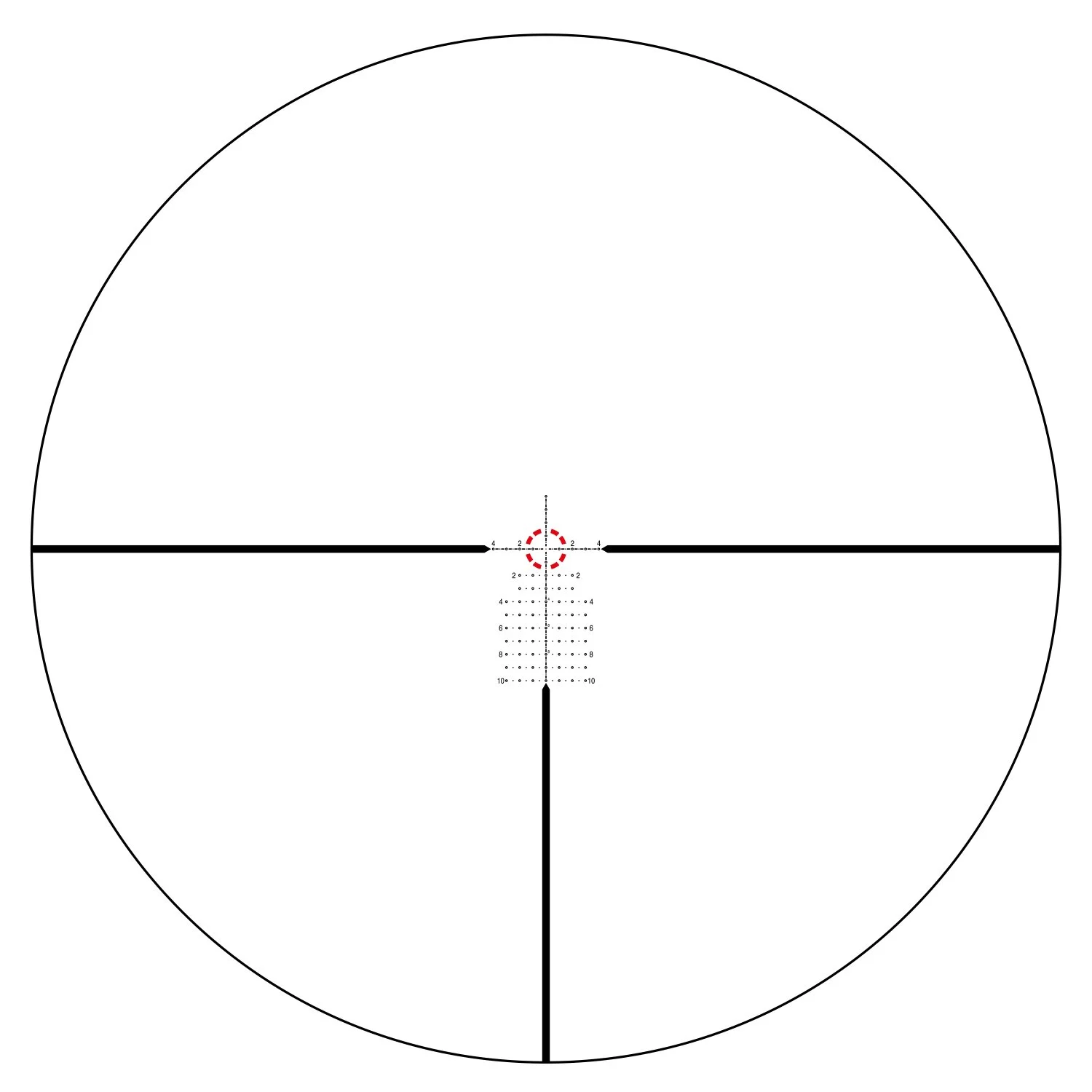 Scharfer optischer Zielaufsatz für Präzisionsgewehre, mit Zentrierpunkt-Markierungen und Absehensskala, in Schwarz, Weiß und Rot.