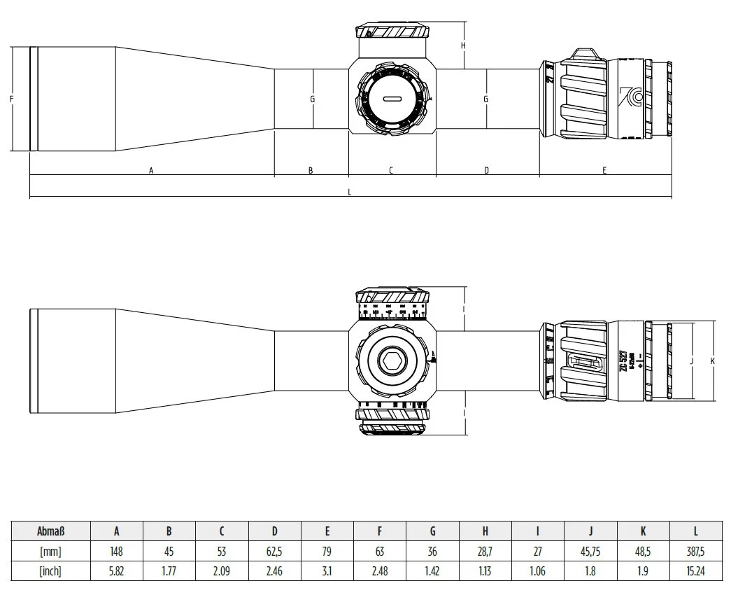 Technisches Diagramm eines Zielfernrohrs mit Abmessungen in Millimetern und Zoll, aus einer Seiten- und Draufsicht.