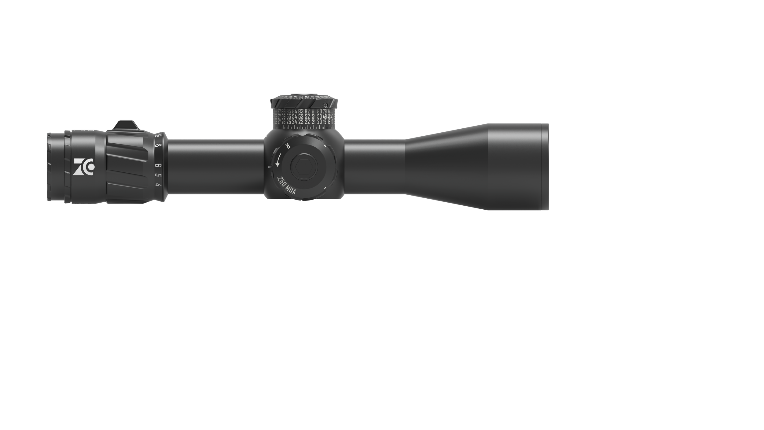 Ein schwarzer Zielfernrohr mit Verstellknöpfen und Skala auf einem schwarzen Hintergrund.