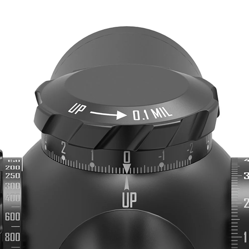 Nahaufnahme eines schwarzen Kampfloggers mit Rillen, Einstellrädern und einer Skala, die auf 0.1 MIL eingestellt ist, zum präzisen Ziel- oder Messgerät. Die Markierungen sind in Weiß auf Schwarz.