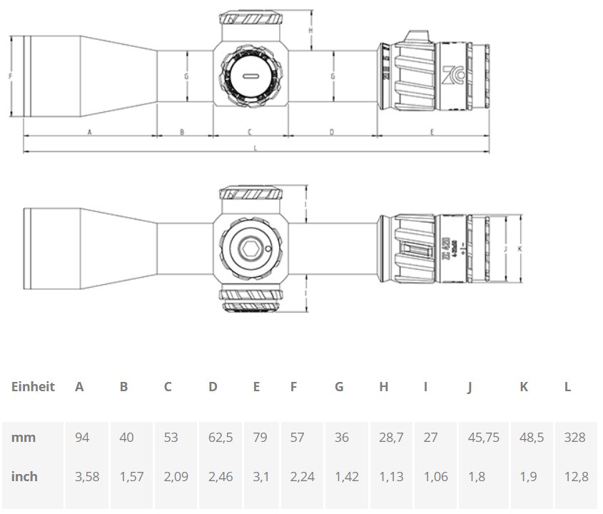 Technische Zeichnung eines Teleskops mit Abmessungen in Millimetern und Zoll, inklusive einer Tabelle mit den Messwerten für verschiedene Komponenten.