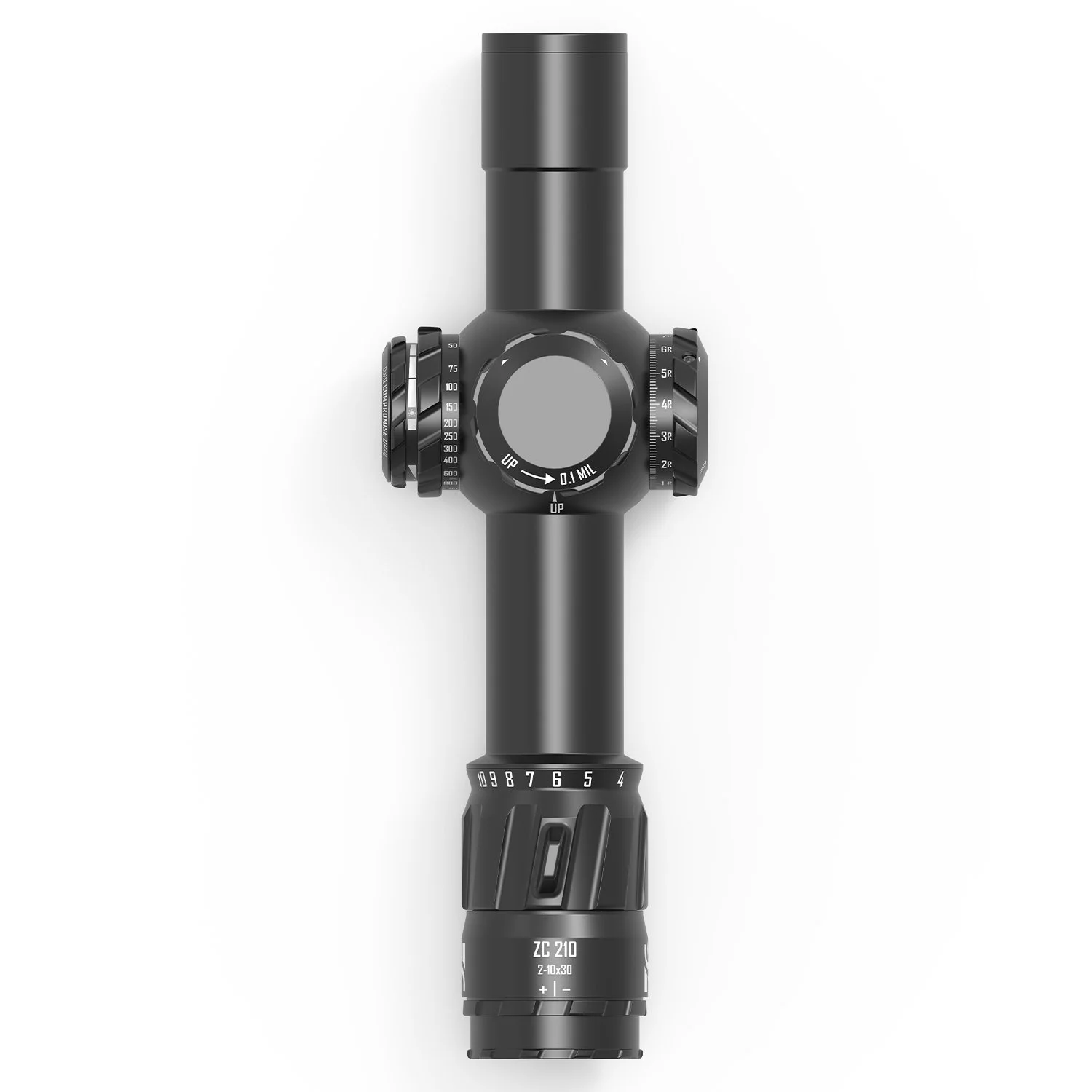 Hochwertiges schwarzes Zielfernrohr für die Jagd oder den Schießsport, Blick von oben auf das Objektiv, mit verschiedenen Einstellringen für Vergrößerung und Fokus.