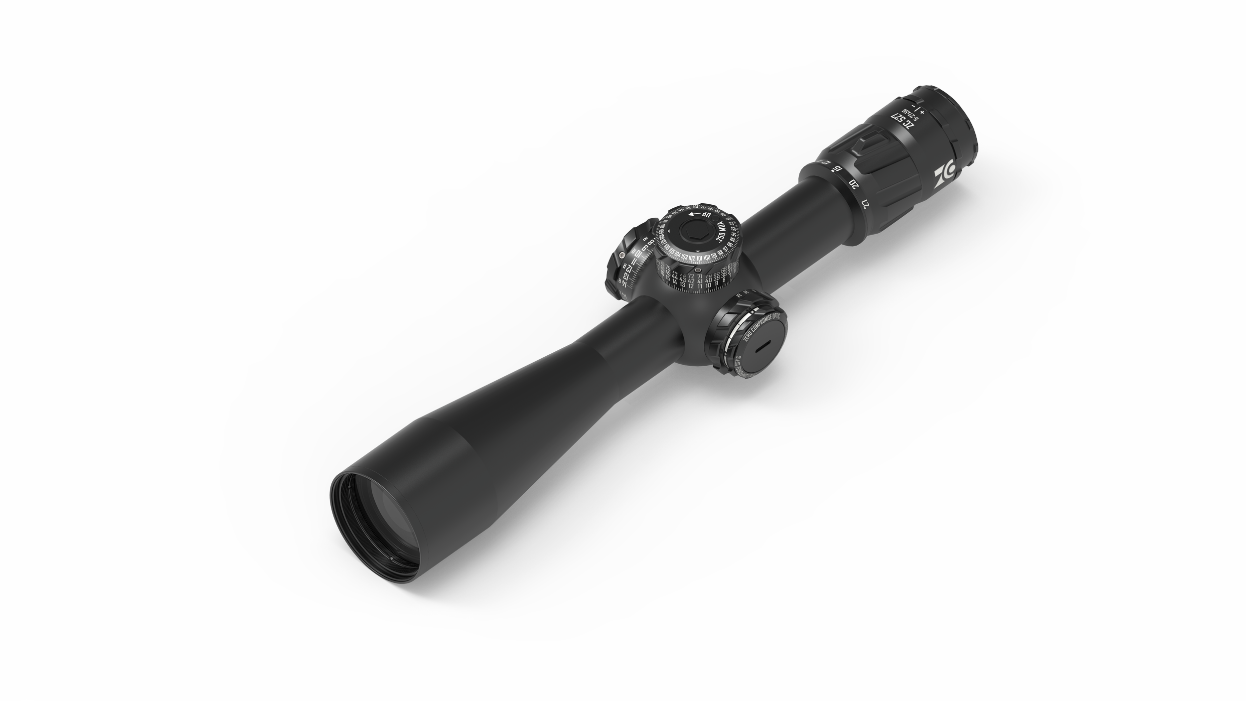 Schwarzer Zielfernrohr mit Einstellknöpfen auf weißem Hintergrund.
