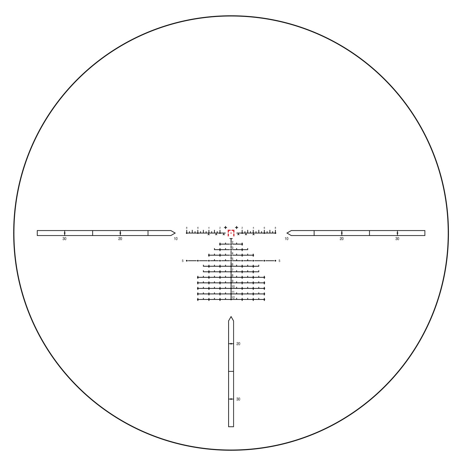 Sich auf einer Parallaxen-Diagramm befindendes Ziel, das für Scharfschützen geeignet ist, mit mehreren Distanzanzeigen, Messskalen, Zielmarkierungen und Messlinien, die die Entfernung, den Winkel und andere Faktoren für präzise Schüsse veranschaulichen.