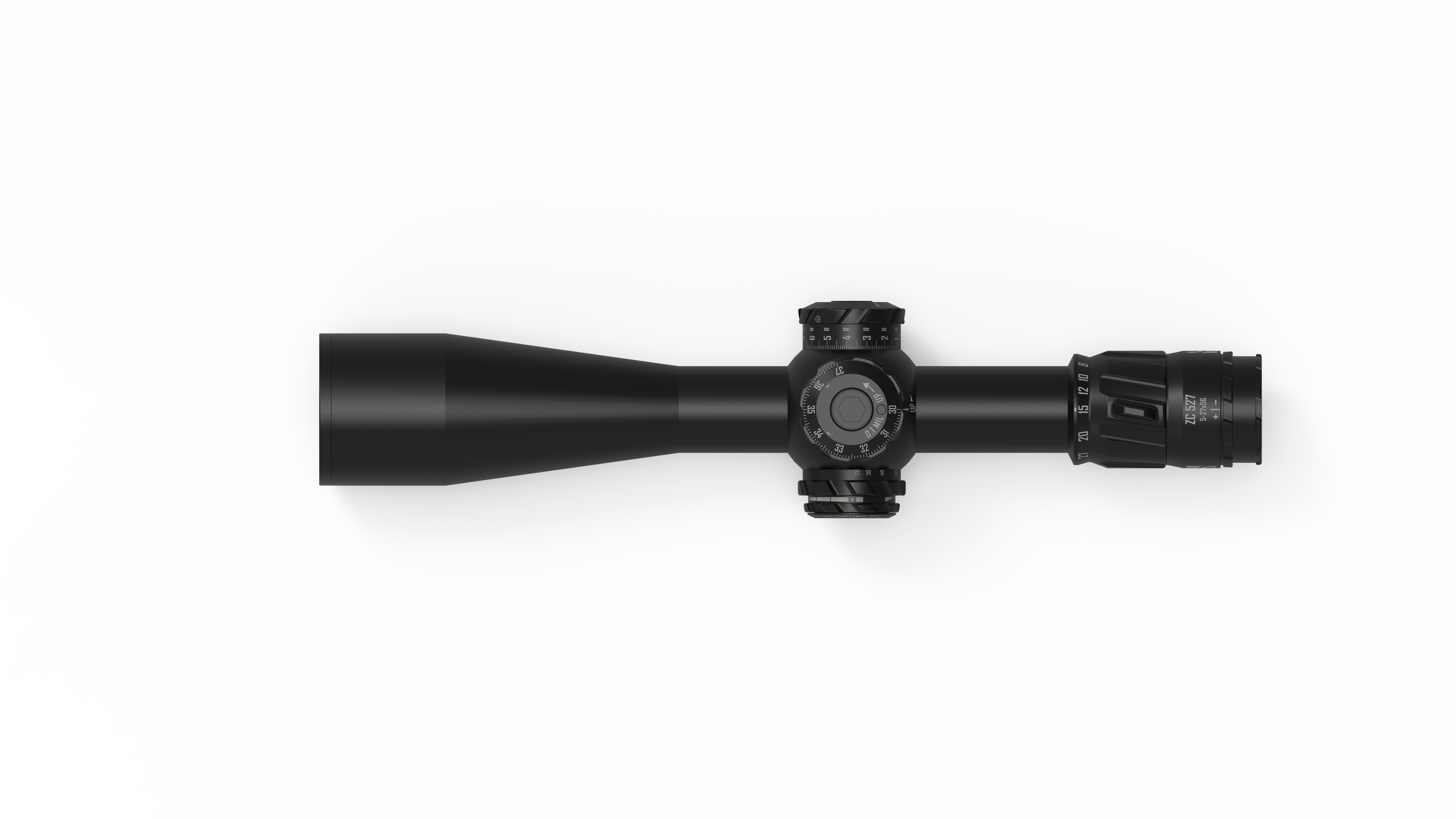 Schwarzer Fernglas mit Zoom und Einstellrädern auf weißem Hintergrund