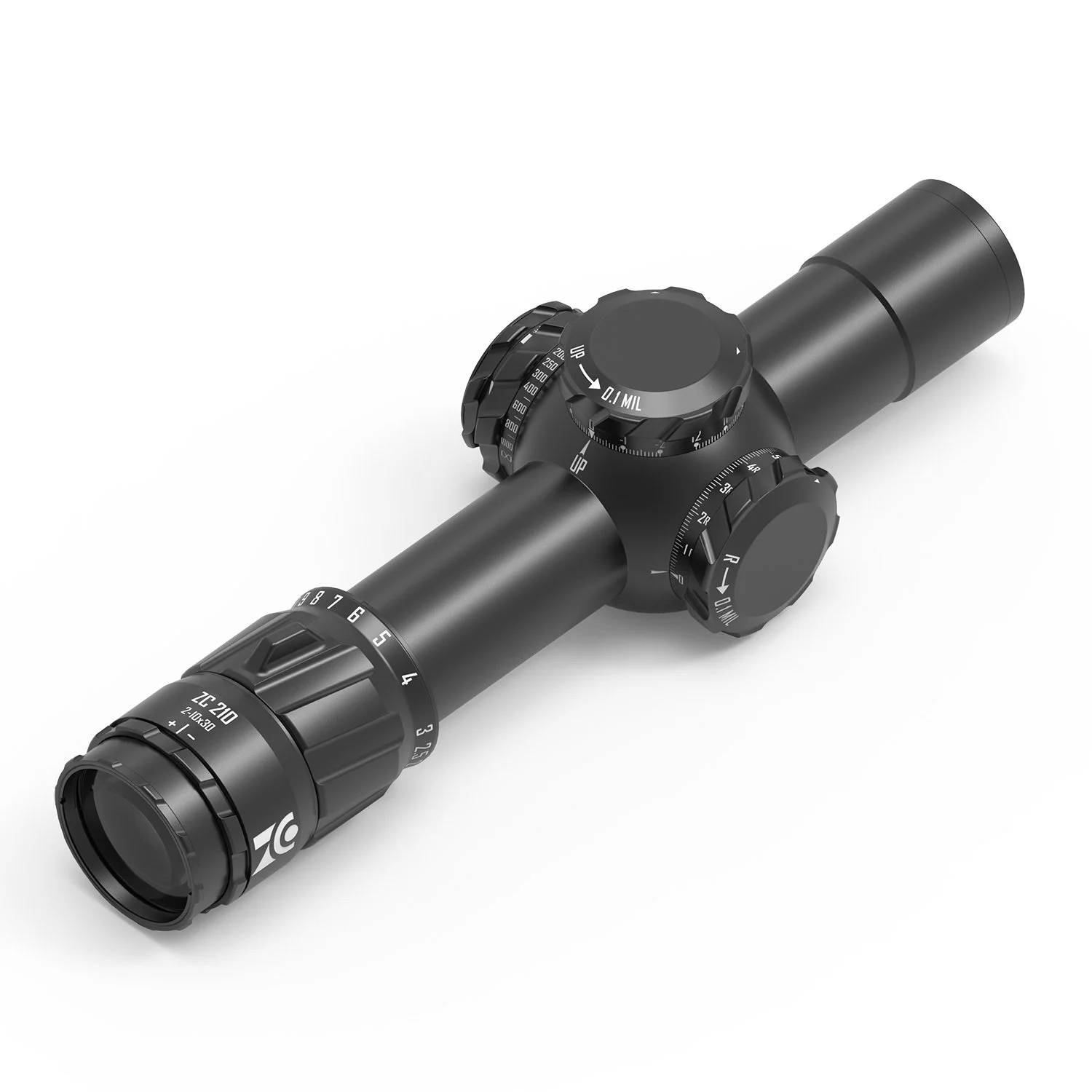 Ein schwarzer Zielfernrohr mit mehreren Einstellknöpfen und Skalen, liegend auf weißem Hintergrund.