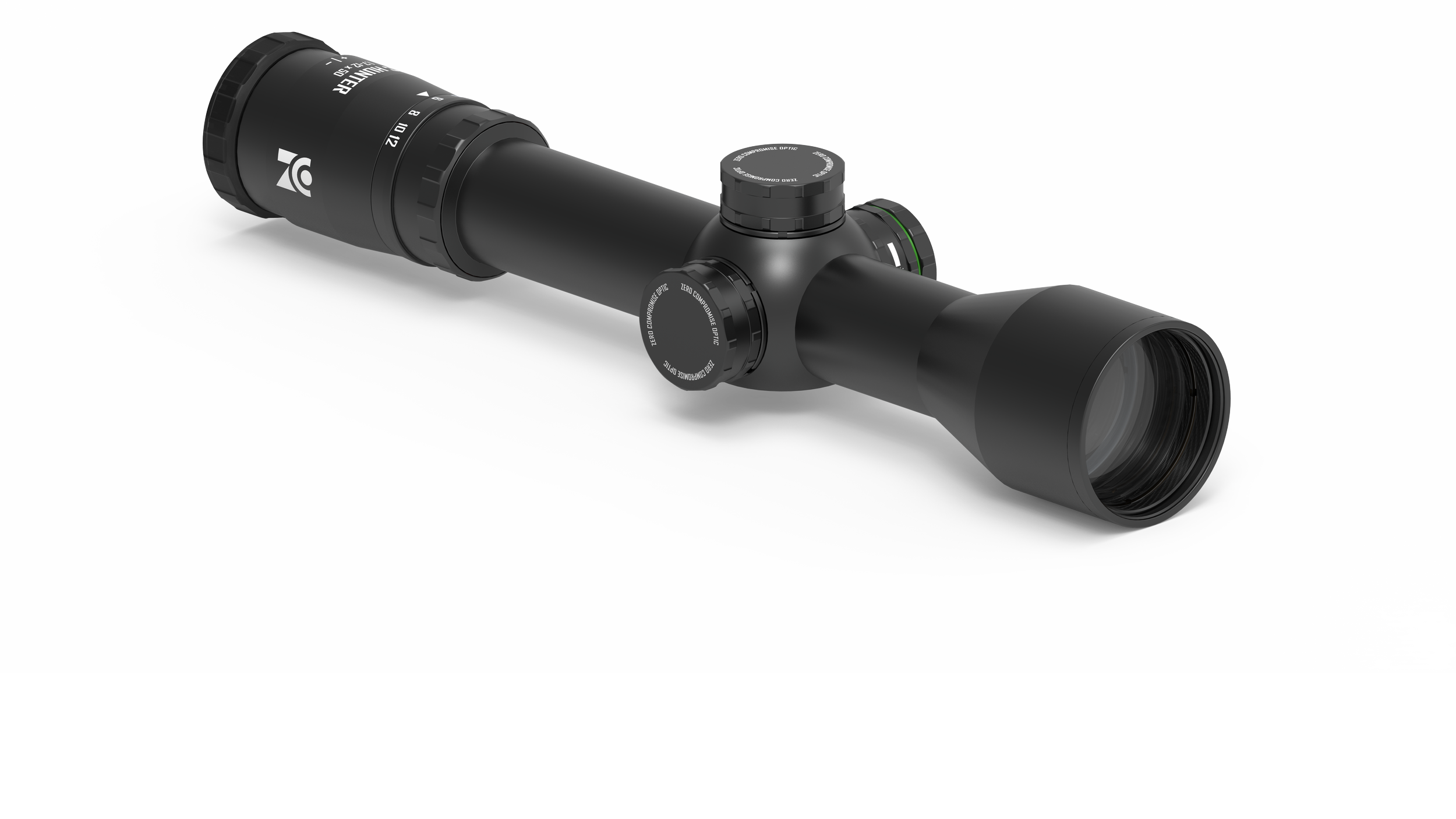 Schwarzer Zielfernrohr mit Vergrößerung und Einstellrädchen auf weißem Hintergrund