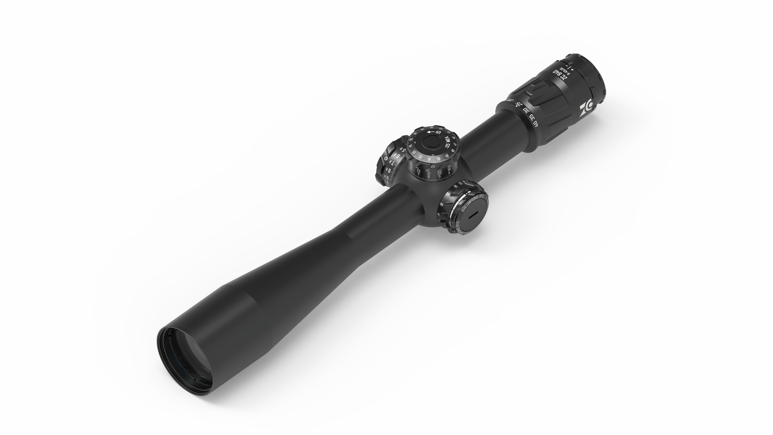 Schwarzer Zielfernrohr mit mehreren Einstellrädern liegt auf weißem Hintergrund.