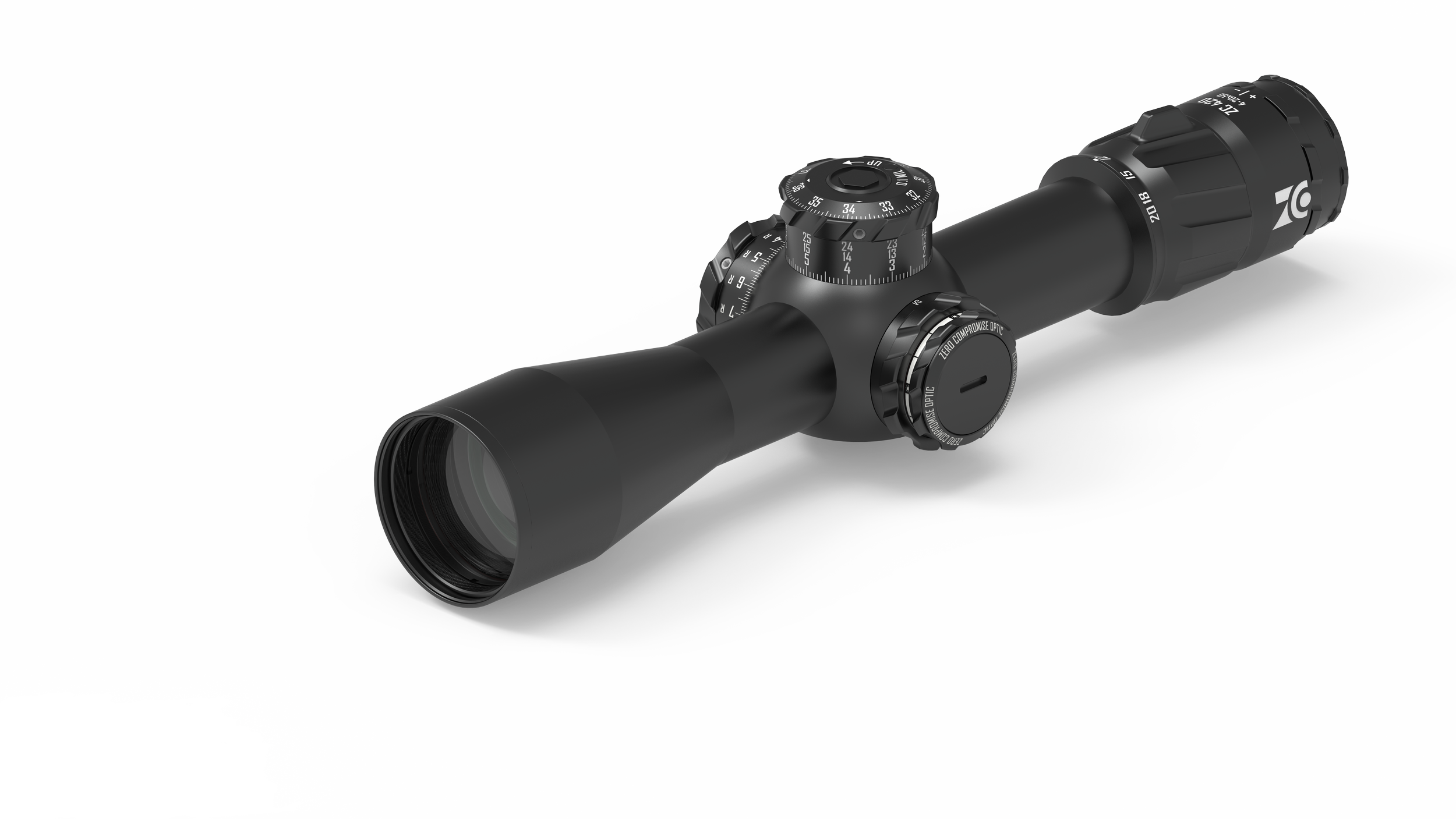 Schwarzer Zielfernrohr mit Verstellknöpfen auf weißem Hintergrund