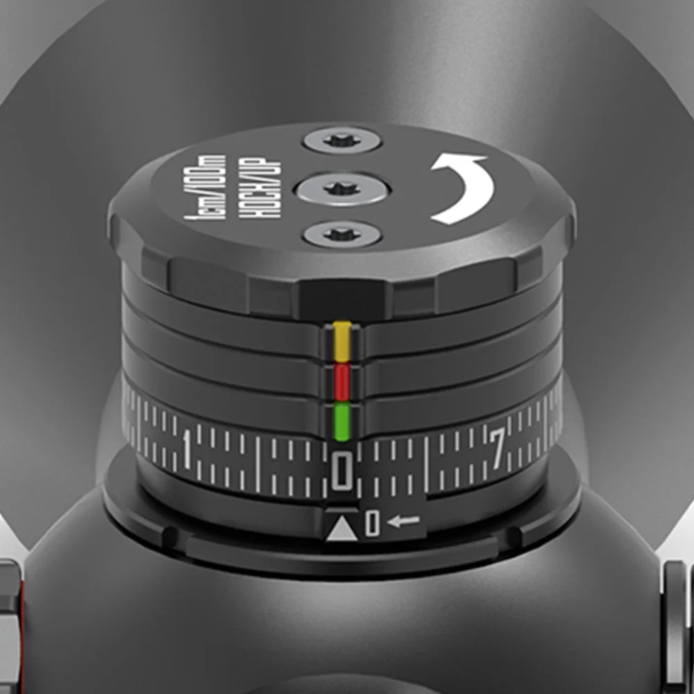 Ein Zielversteller für ein Zielfernrohr mit Einstellknopf, marked mit Rot, Gelb und Grün, und einer Skala von -7 bis +7 für die Entfernungseinstellung.