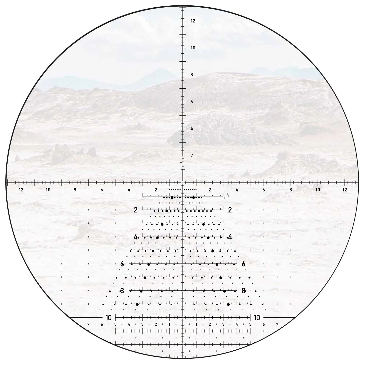 Ein geo-telezentrischer Entfernungsmesser mit Sicht auf eine Landschaft mit Bergen im Hintergrund.