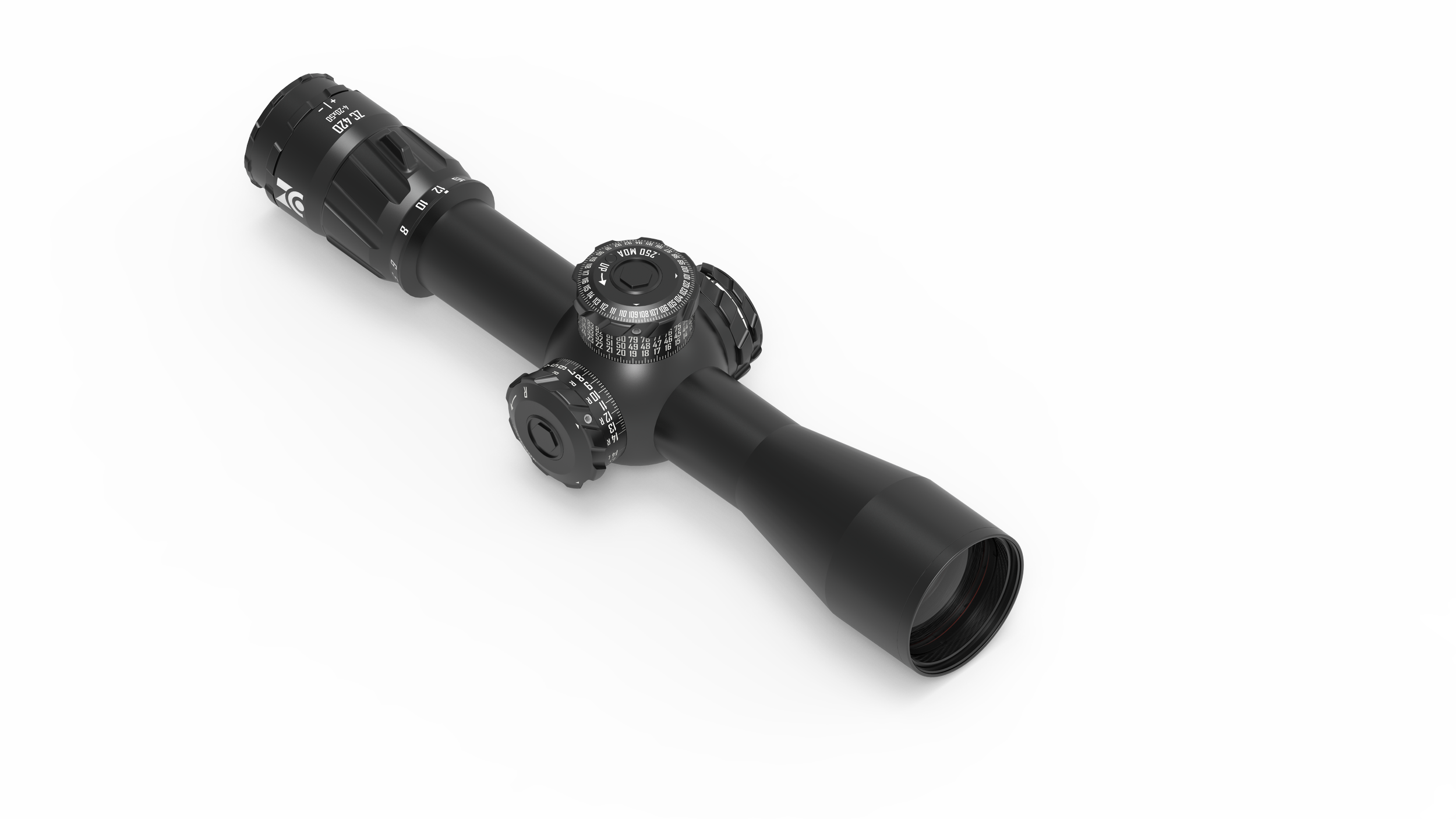 Schwarzer Zielfernrohr mit drei Einstellrädern, liegend auf weißem Hintergrund.