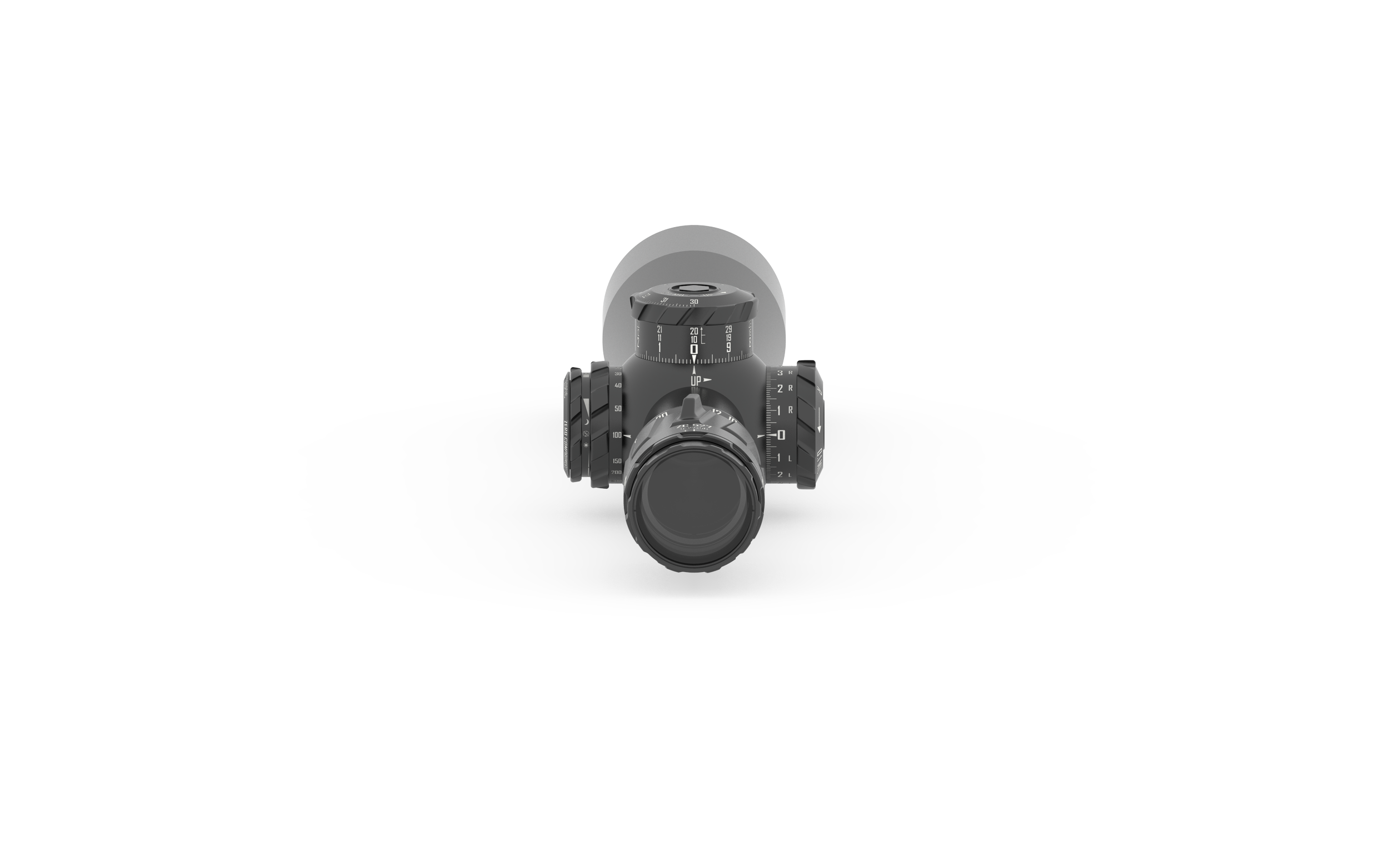 Optischer Zielfernrohr unter einem schwarzen Werkzeugtisch, Blick von vorne.