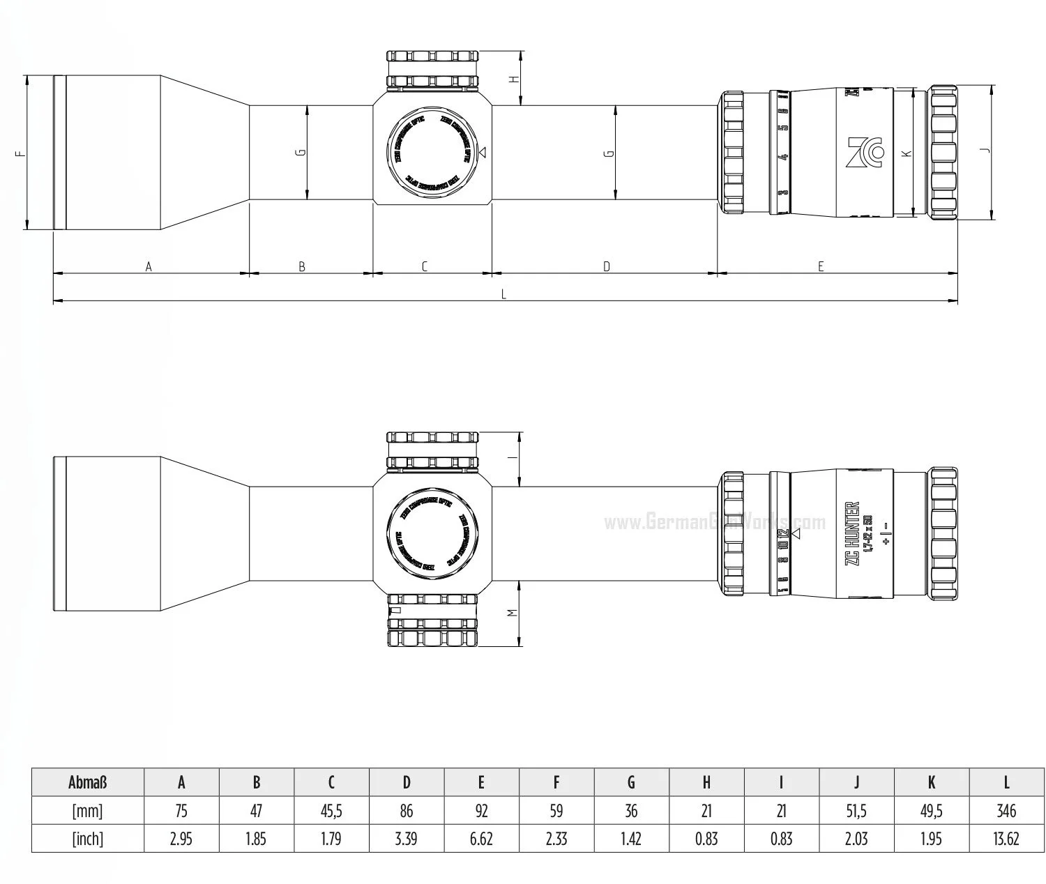 Technische Zeichnung eines Teleskops mit Abmessungen in Millimeter und Zoll, inklusive Tabelle mit genauen Maßen für verschiedene Teile.