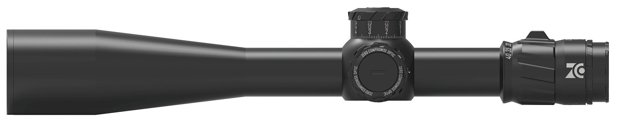 Optischer Zielfernrohr mit Einstellknöpfen und Skalen, schwarz, seitliche Ansicht.