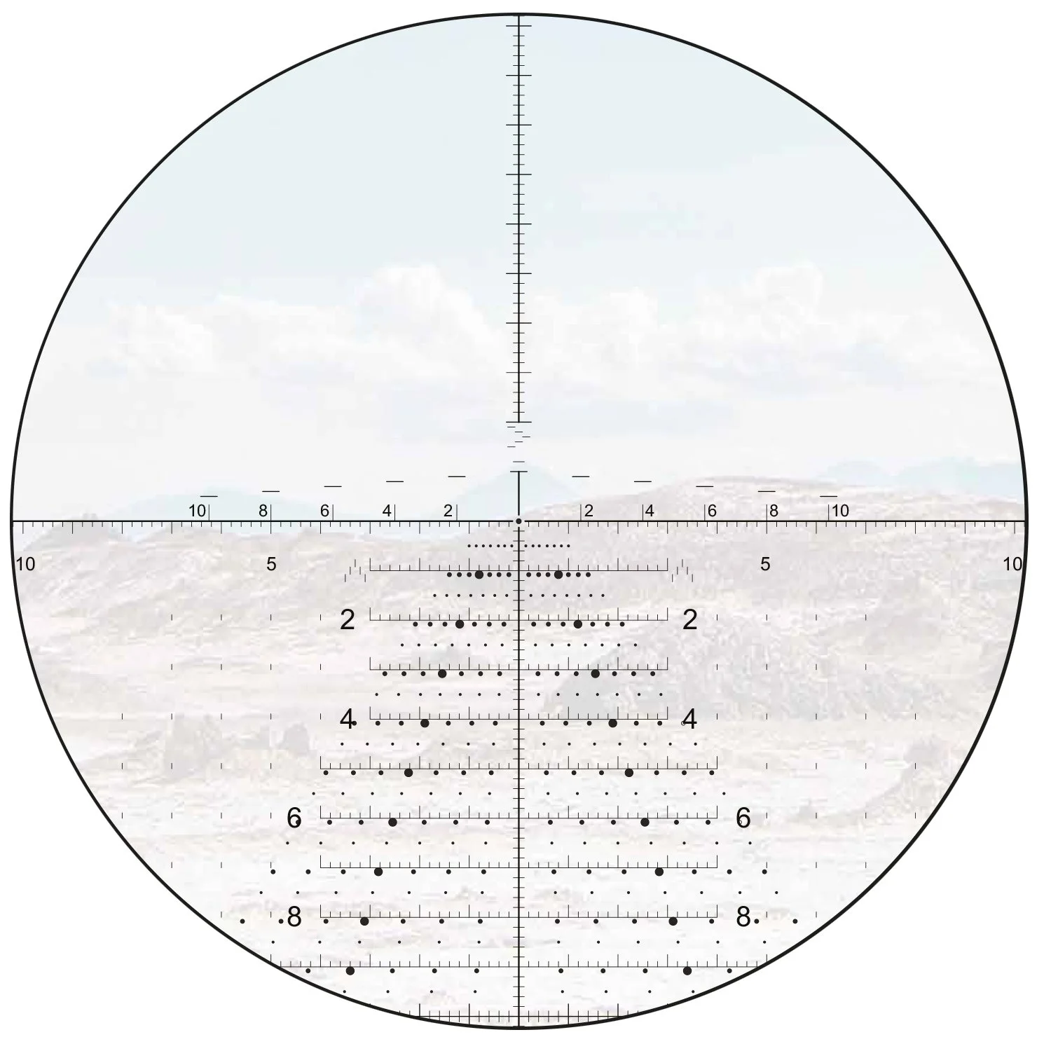 Sicht durch ein Entfernungsmessgerät mit einer Zielscheibe, die Zahlen und Markierungen enthält, und einer Landschaft im Hintergrund.