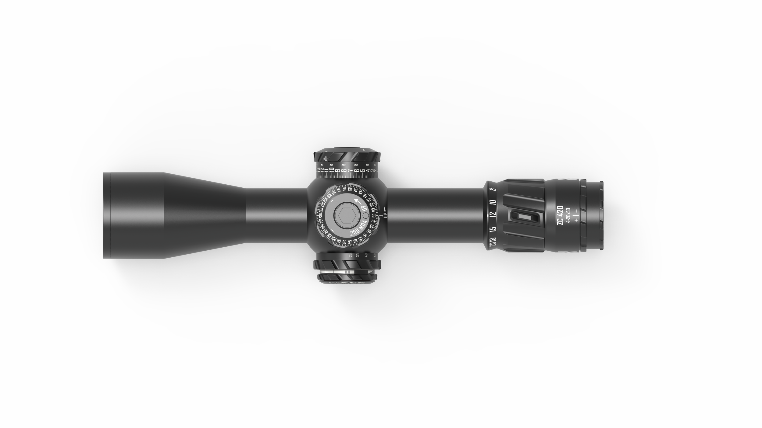 Schwarzer Zielfernrohr mit verschiedenen Einstellrädern und Skalen, von oben und seitlich betrachtet auf weißem Hintergrund.