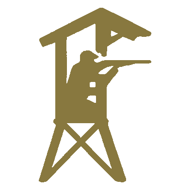 Ein stilisiertes goldenes Wachturm mit einer Wache, die einen Gewehr hält, auf einem schwarzen Hintergrund.