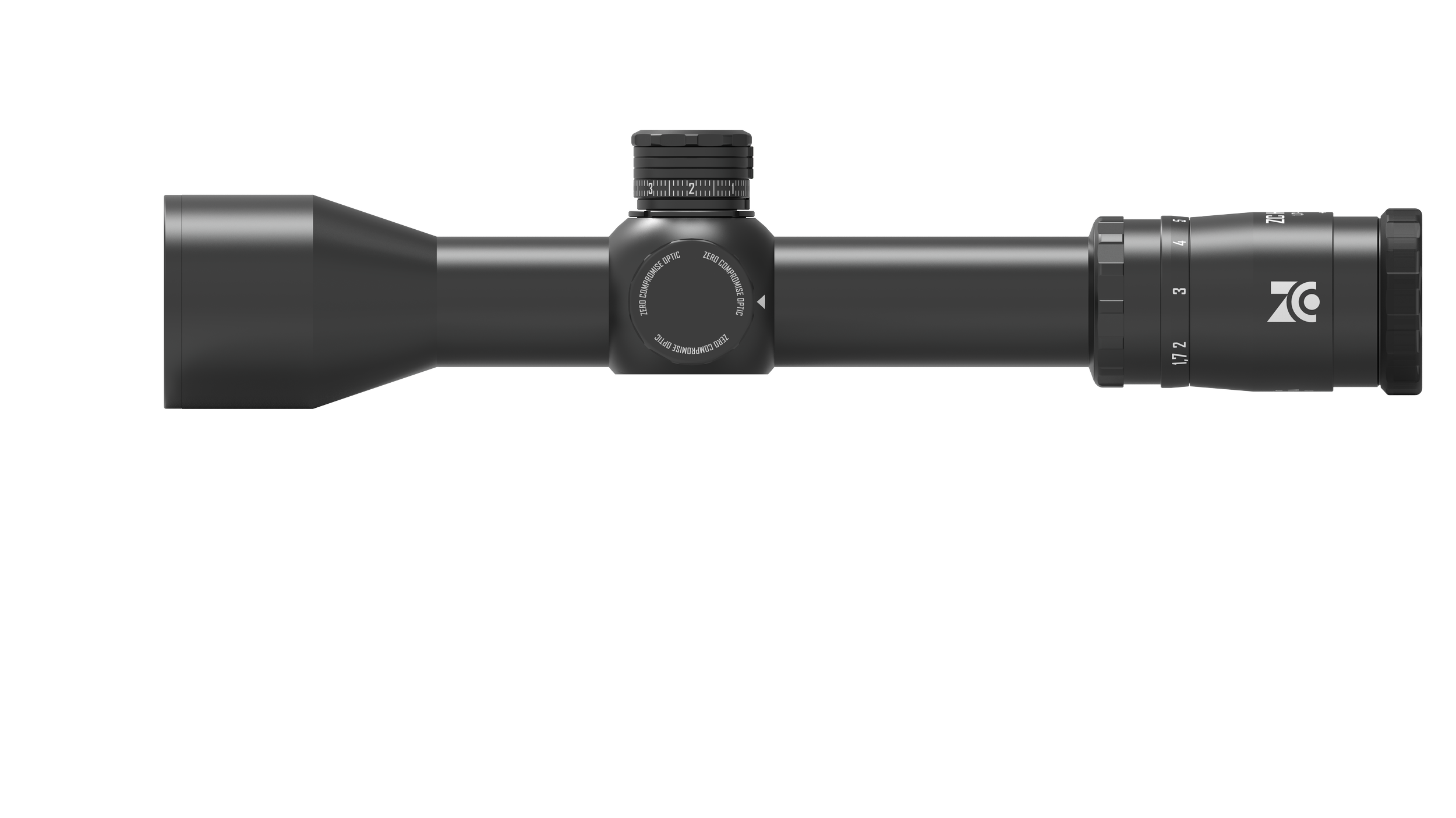 Schwarzer Zielfernrohr mit Fokus- und Vergrößerungseinstellungen auf Schwarz, auf weißem Hintergrund