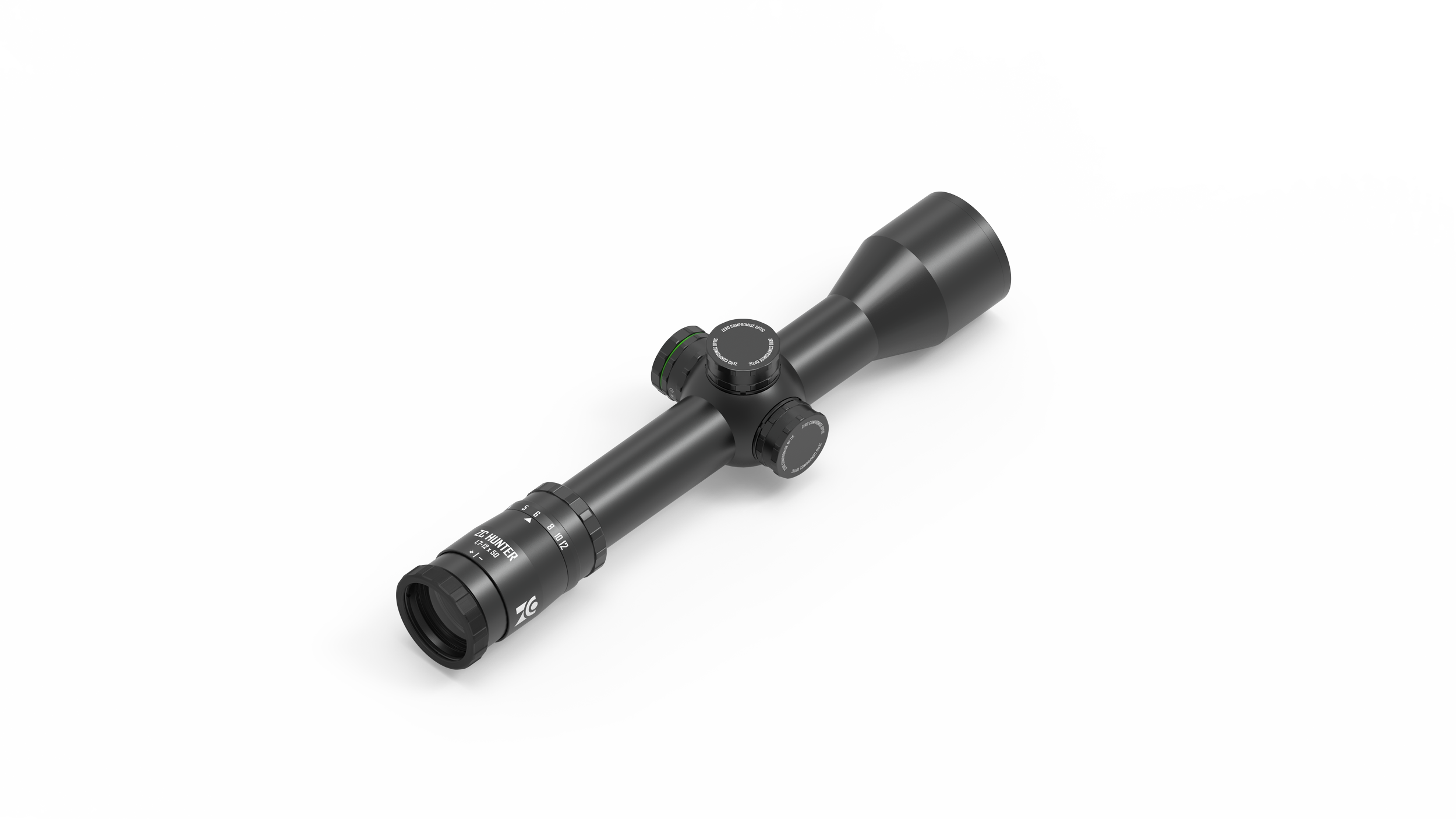 Schwarzer Zielfernrohr mit Verstellknöpfen und Objektiv