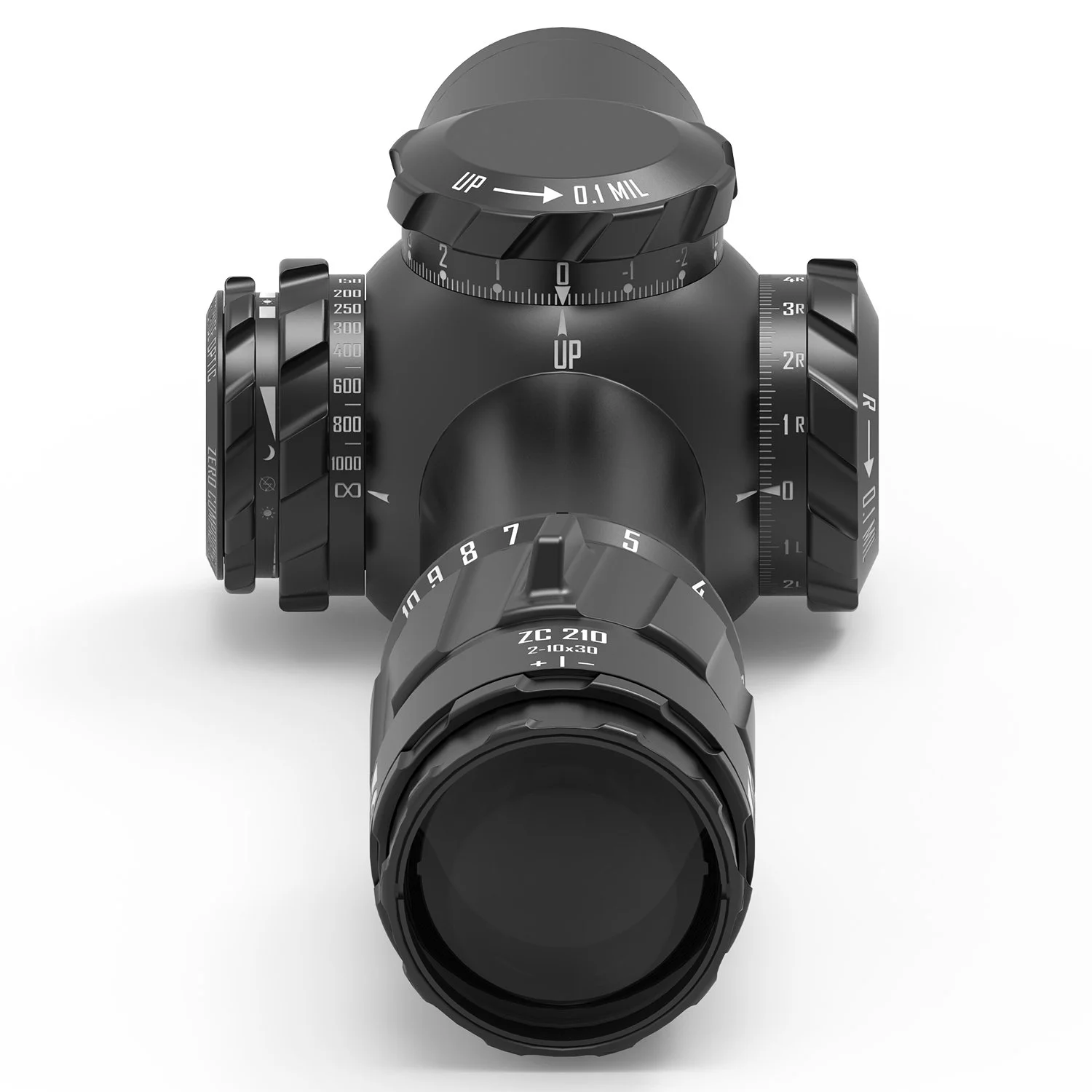 Zielfernrohr mit multifunktionalen Einstellrädern und Skalierungen für präzise Zielverfolgung.