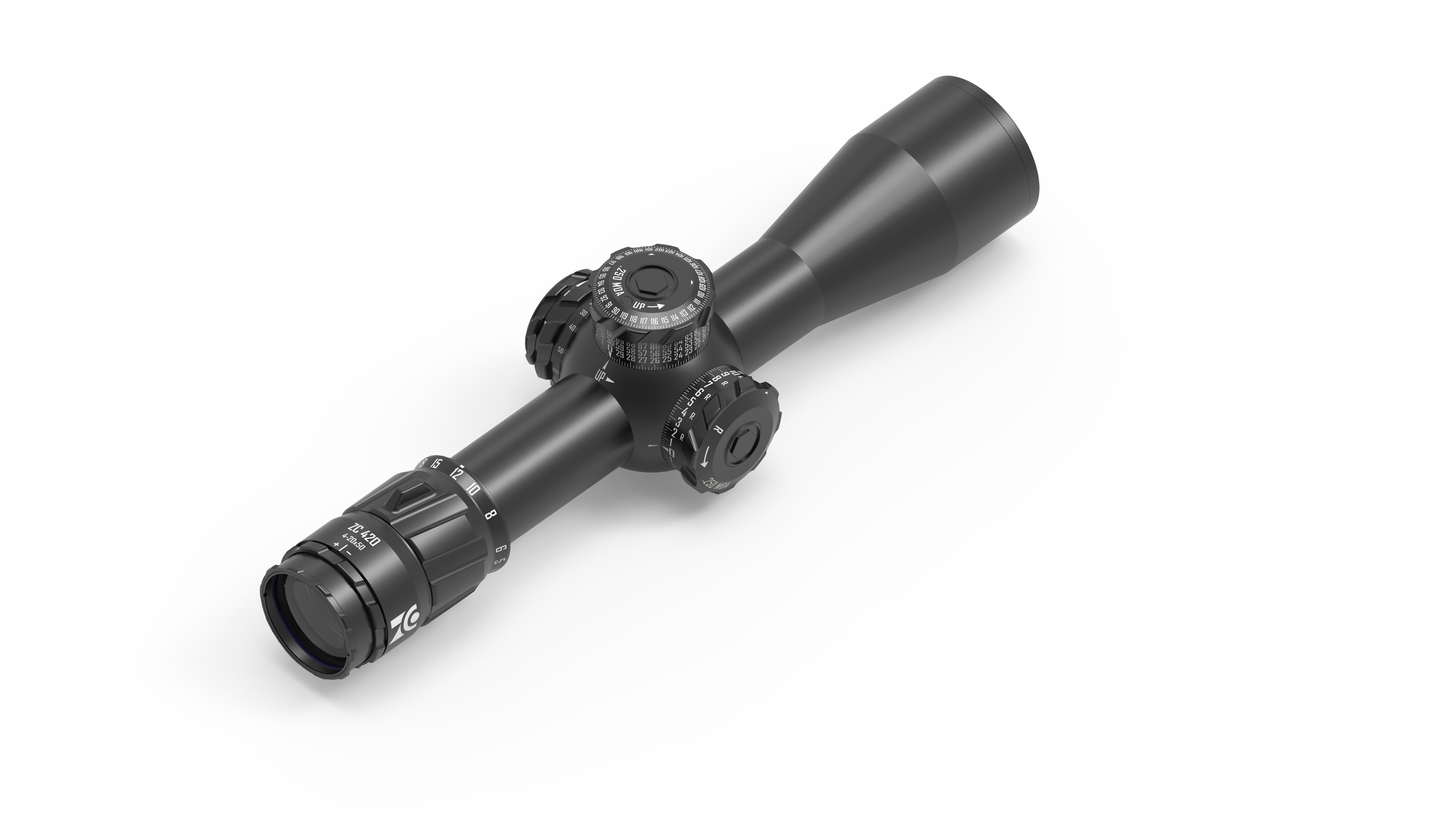 Schwarzer Zielfernrohr mit Einstellringen und Skalen auf weißem Hintergrund.