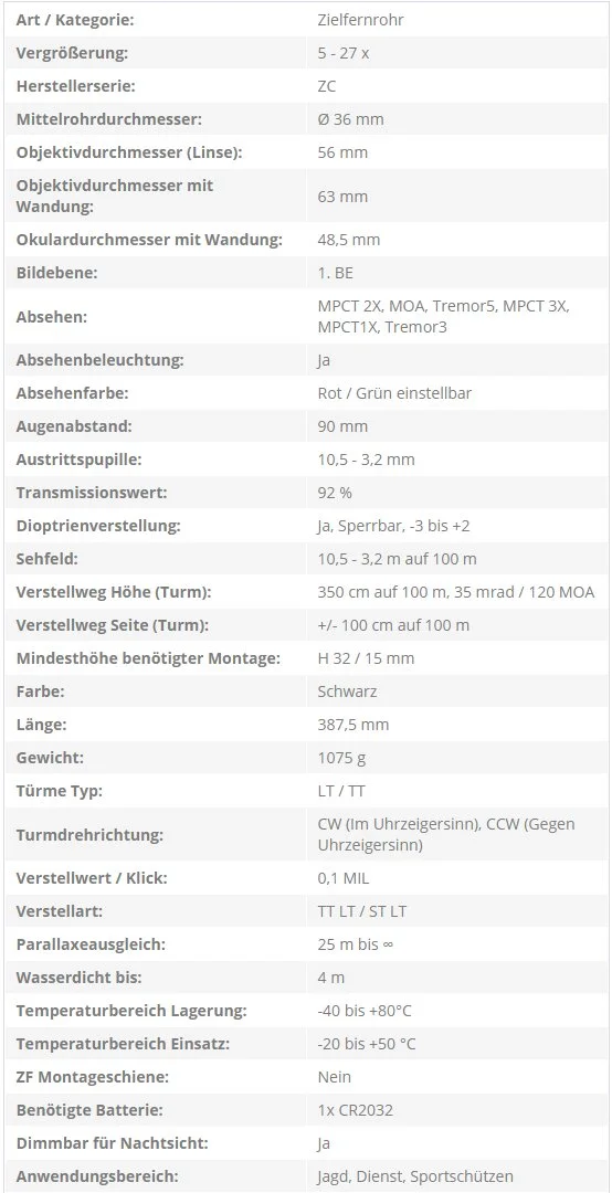 Technisches Datenblatt eines Fernglases mit Spezifikationen wie Vergrößerung, Objektivdurchmesser, Gewicht, Maße, Farben, Brennweite und Einsatzgebiet.