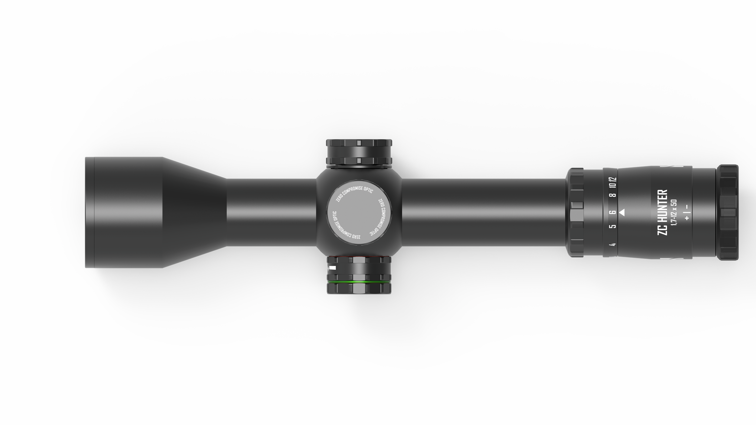 Schwarzer Zielfernrohr mit Markierungen und Einstellrädern, isoliert auf weißem Hintergrund.