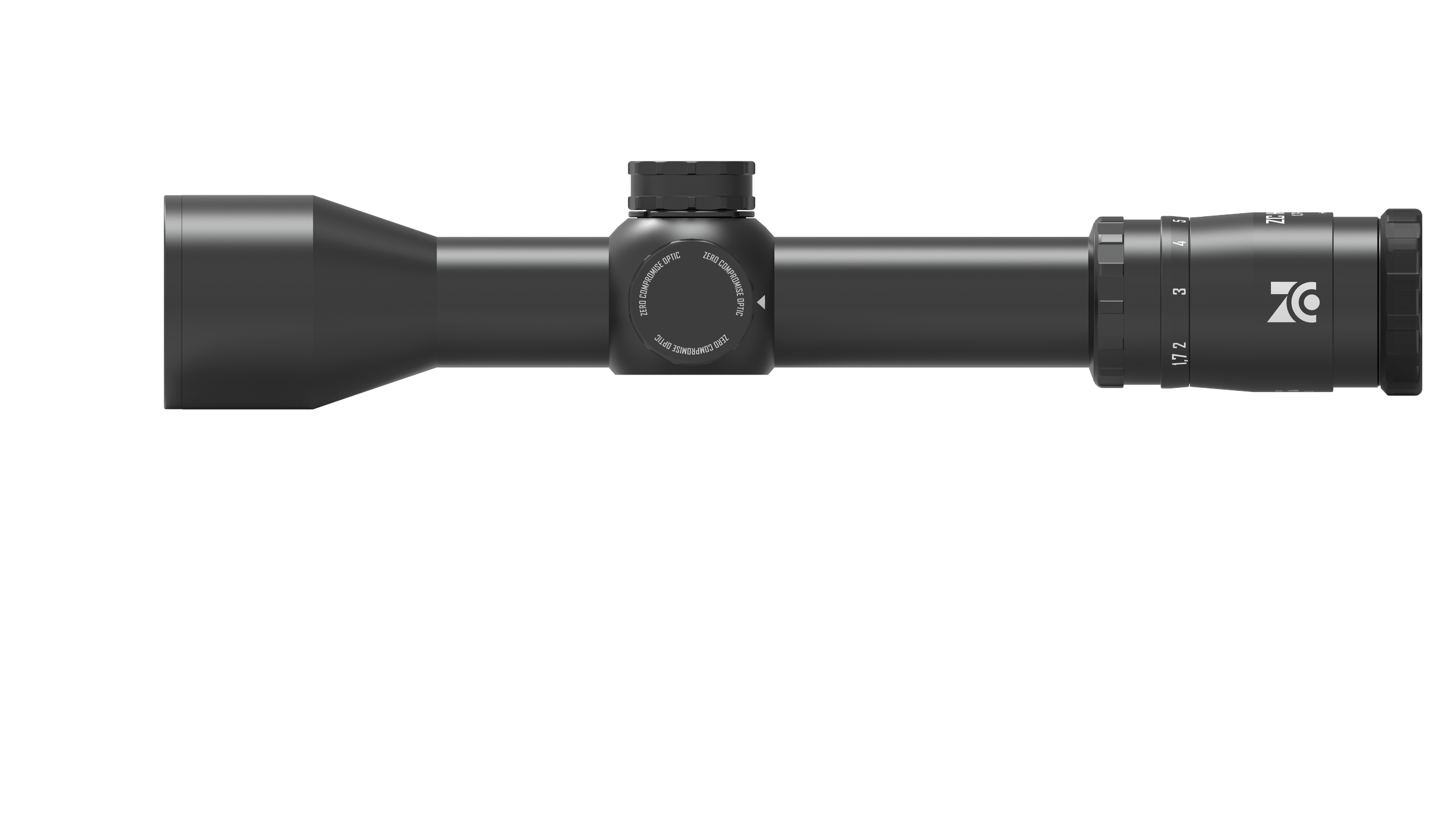 Scharfe Schwarz-Weiß-Aufnahme eines Zielfernrohrs für den Schießsport, liegend horizontal, mit Fokus auf das Glas und die Einstellräder.