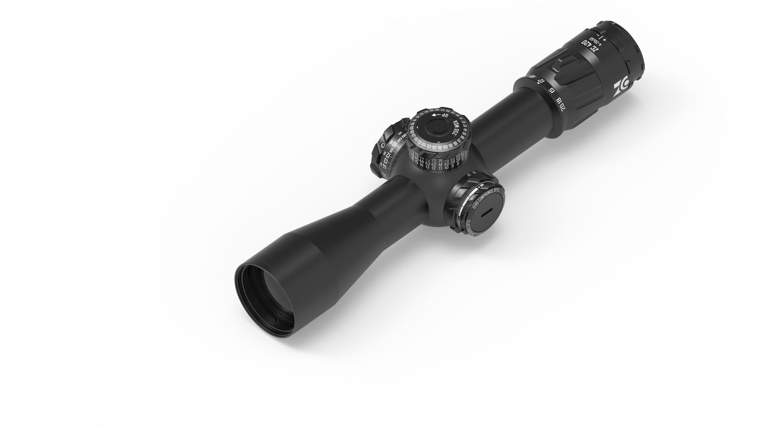 Schwarzer Zielfernrohr für Gewehre auf weißem Hintergrund