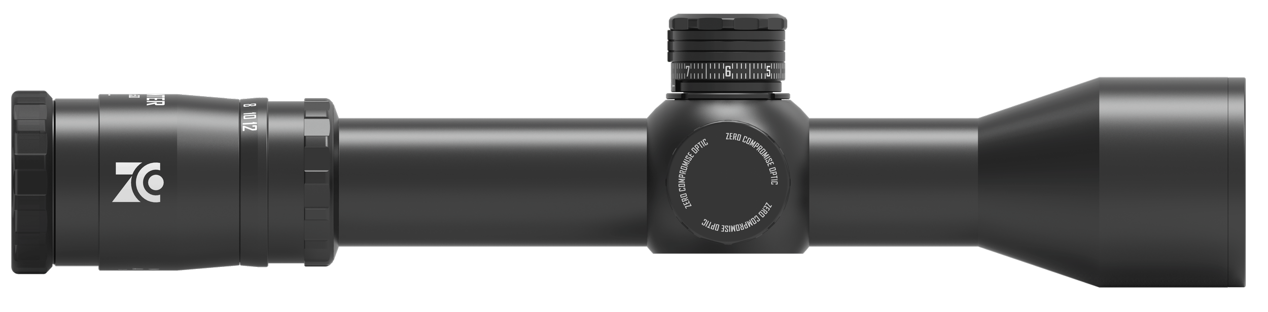 Ein schwarzer Zielfernrohr mit verschiedenen Einstellringen und einem Vergrößerungsglas, Logos und Text auf der Oberseite, auf schwarzem Hintergrund