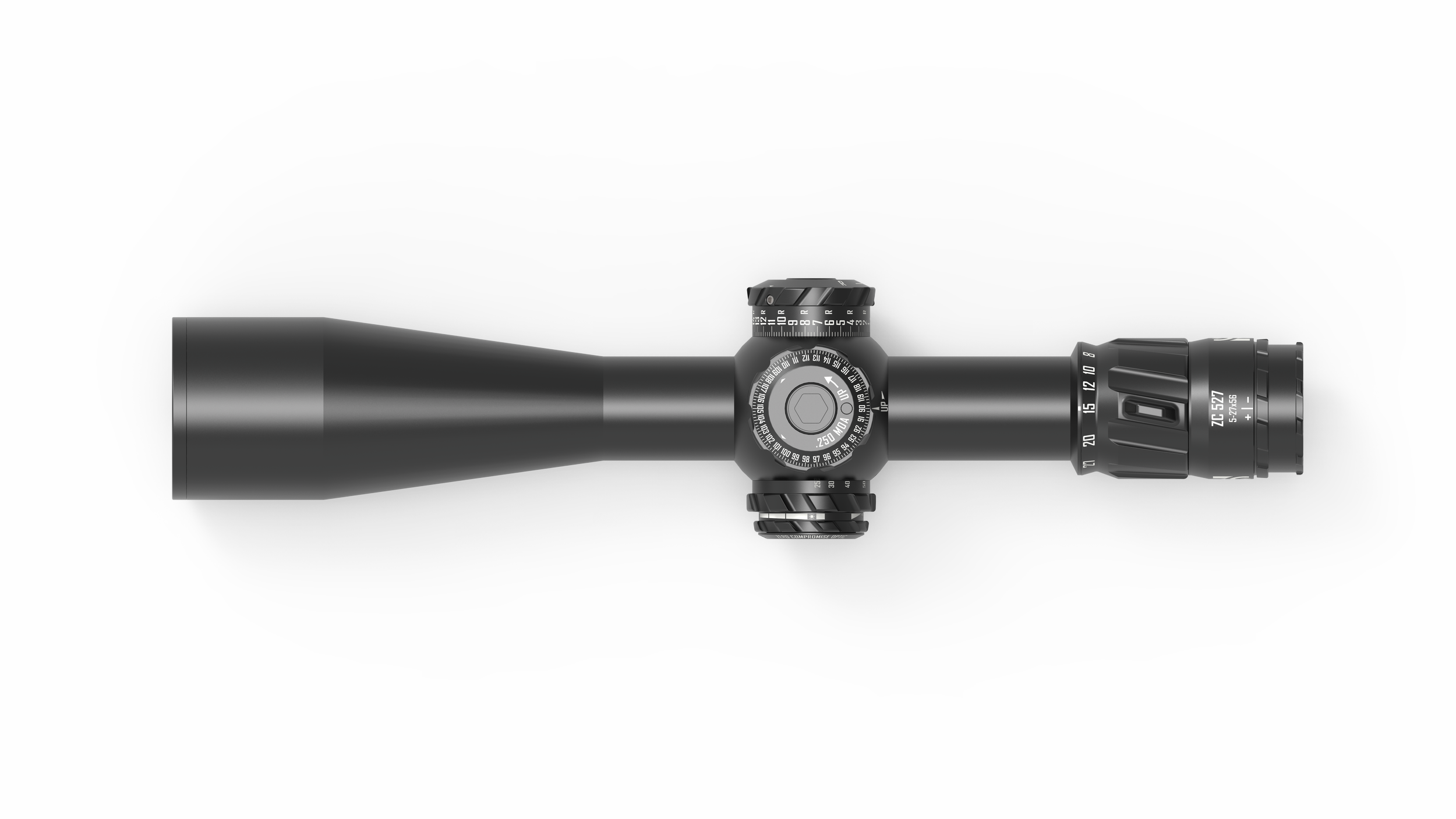 Schwarzes Zielfernrohr auf weißem Hintergrund, seitlich betrachtet.