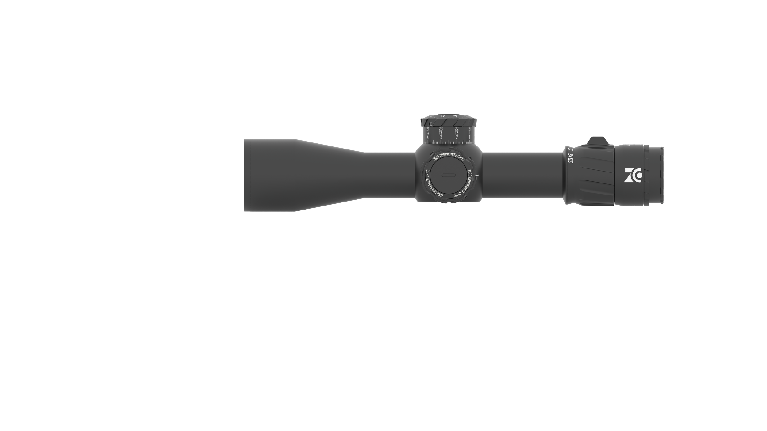 Ein schwarzer Zielfernrohr mit Einstellknöpfen und Skalen, liegend auf einer weißen Linie auf schwarzem Hintergrund.