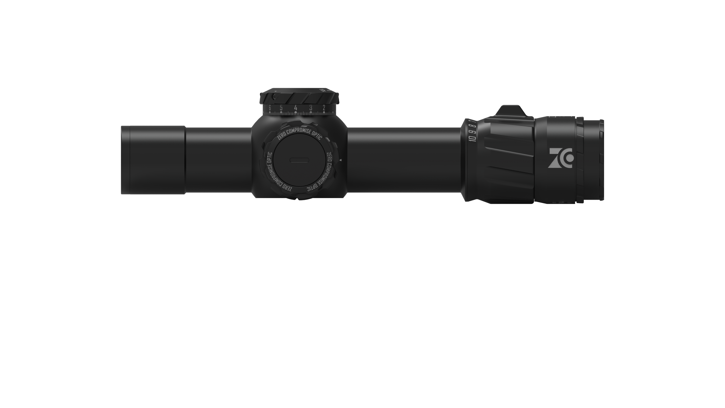 Schwarzer Zielfernrohr mit Markenkennzeichnung auf schwarzem Hintergrund.