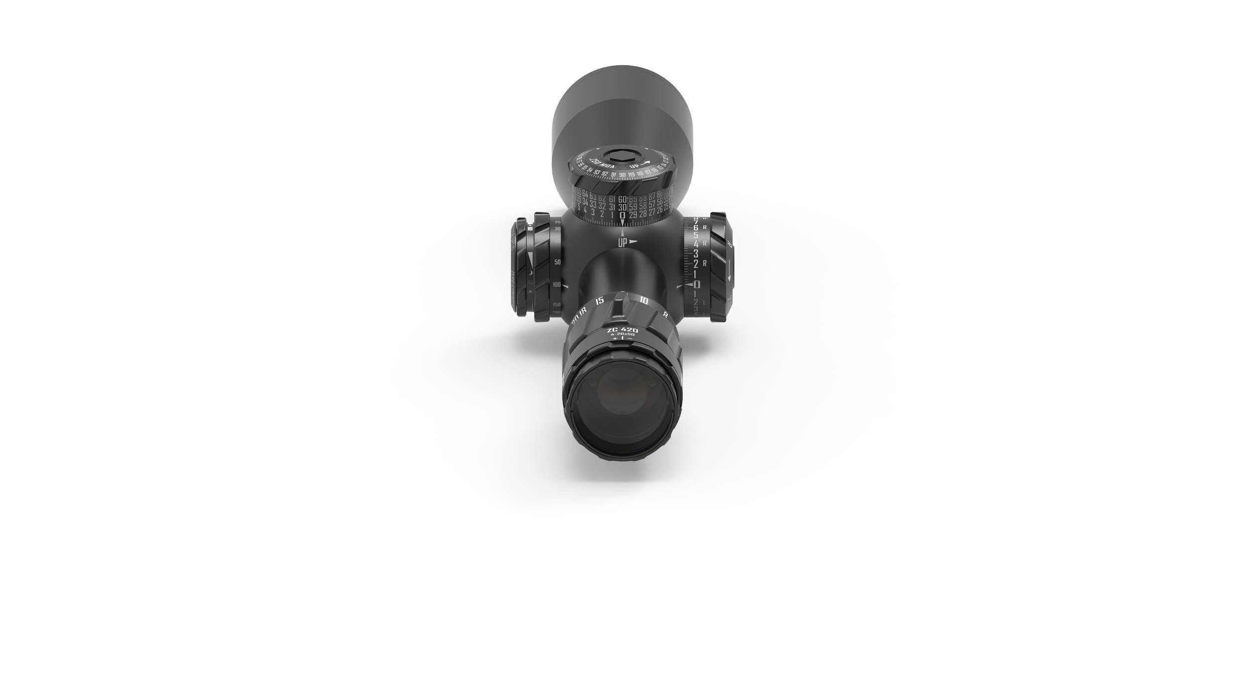 Optischer Totalschuss eines Teleskops oder Fernglases auf weißem Hintergrund, sichtbar sind Fokuseinstellungen und Einstellräder.