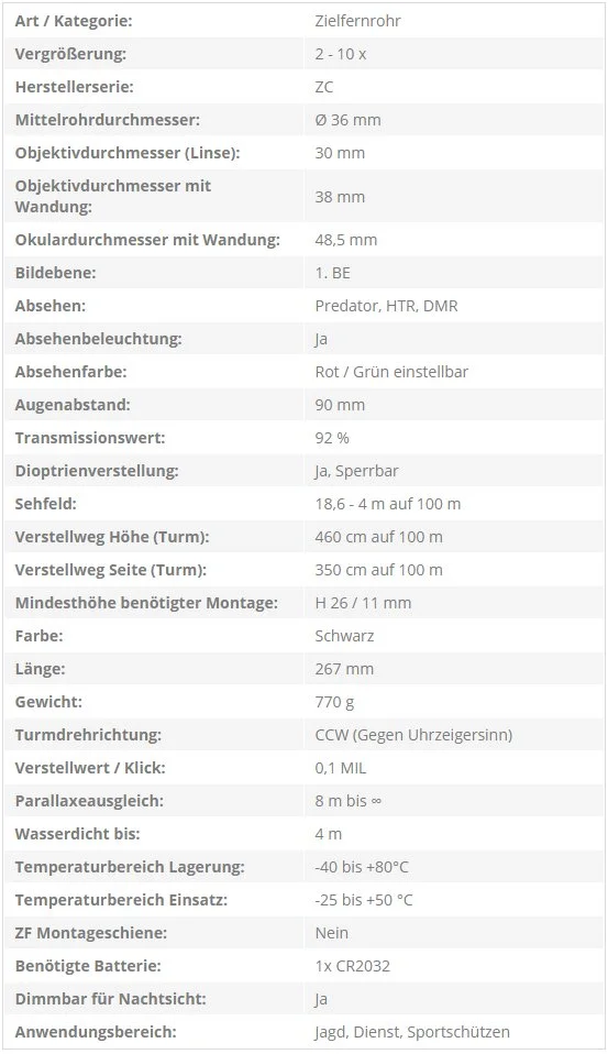 Technische Tabelle mit Spezifikationen eines Zieloptikobjektivs, einschließlich Durchmesser, Vergrößerung, Gewicht, Farben, Maße, Montage, und Einsatzbereich.