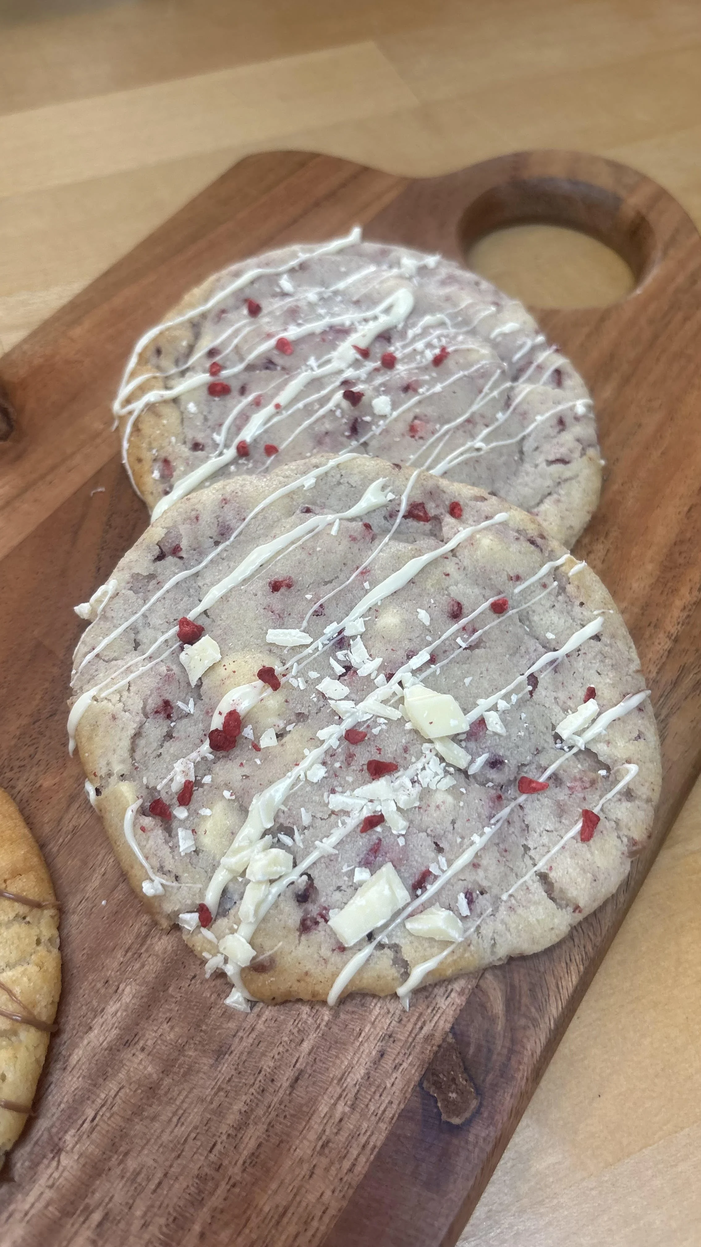White chocolate and raspberry Bruno's Bakes cookie