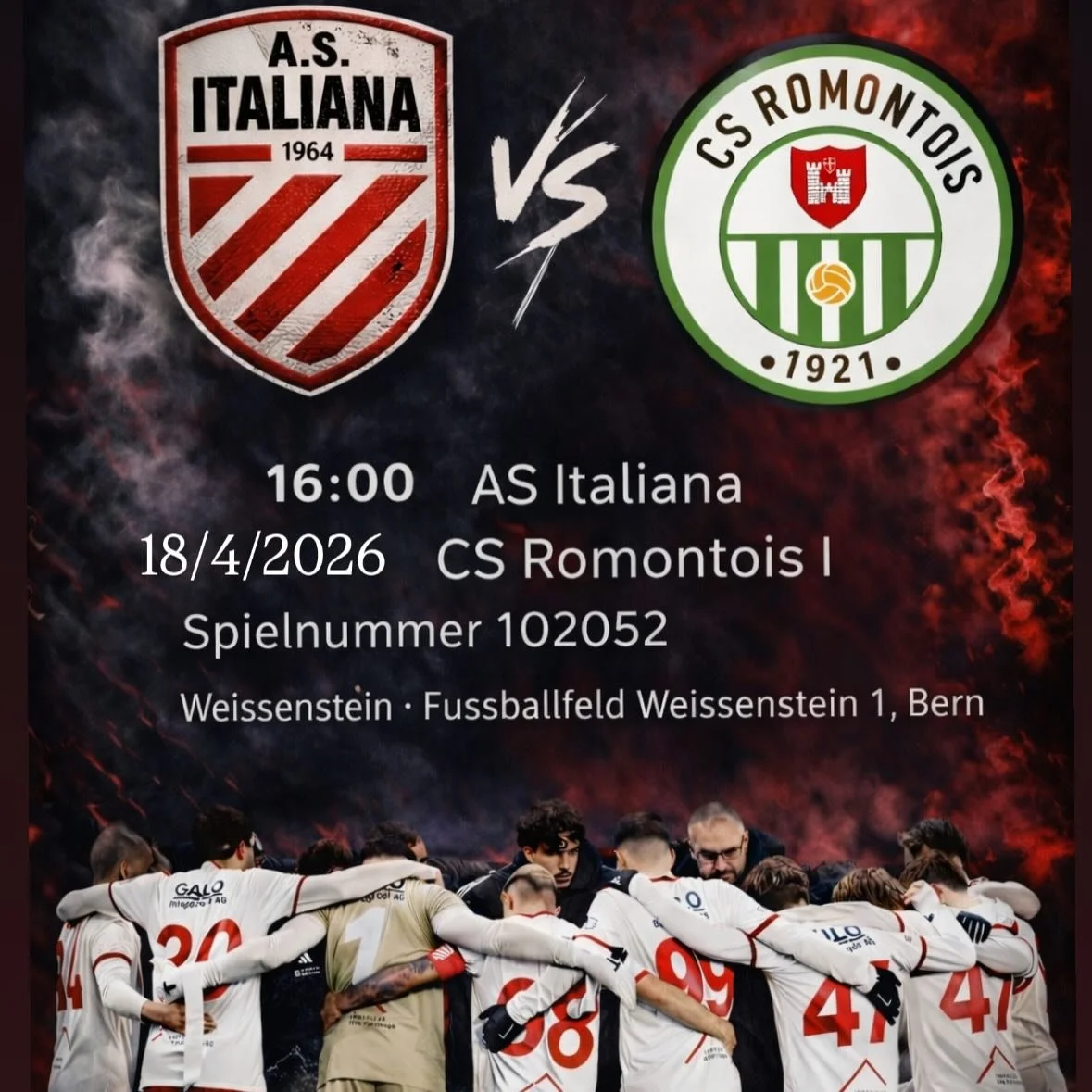 ‼️Wir spielen diesen Samstag wieder zu Hause, um 16:00 Uhr gegen den CS Romontois, und freuen uns auf alle unsere Fans, die uns immer unterst&uuml;tzen.
Gemeinsam sind wir st&auml;rker! FORZA RAGAZZI 🔴⚪️‼️