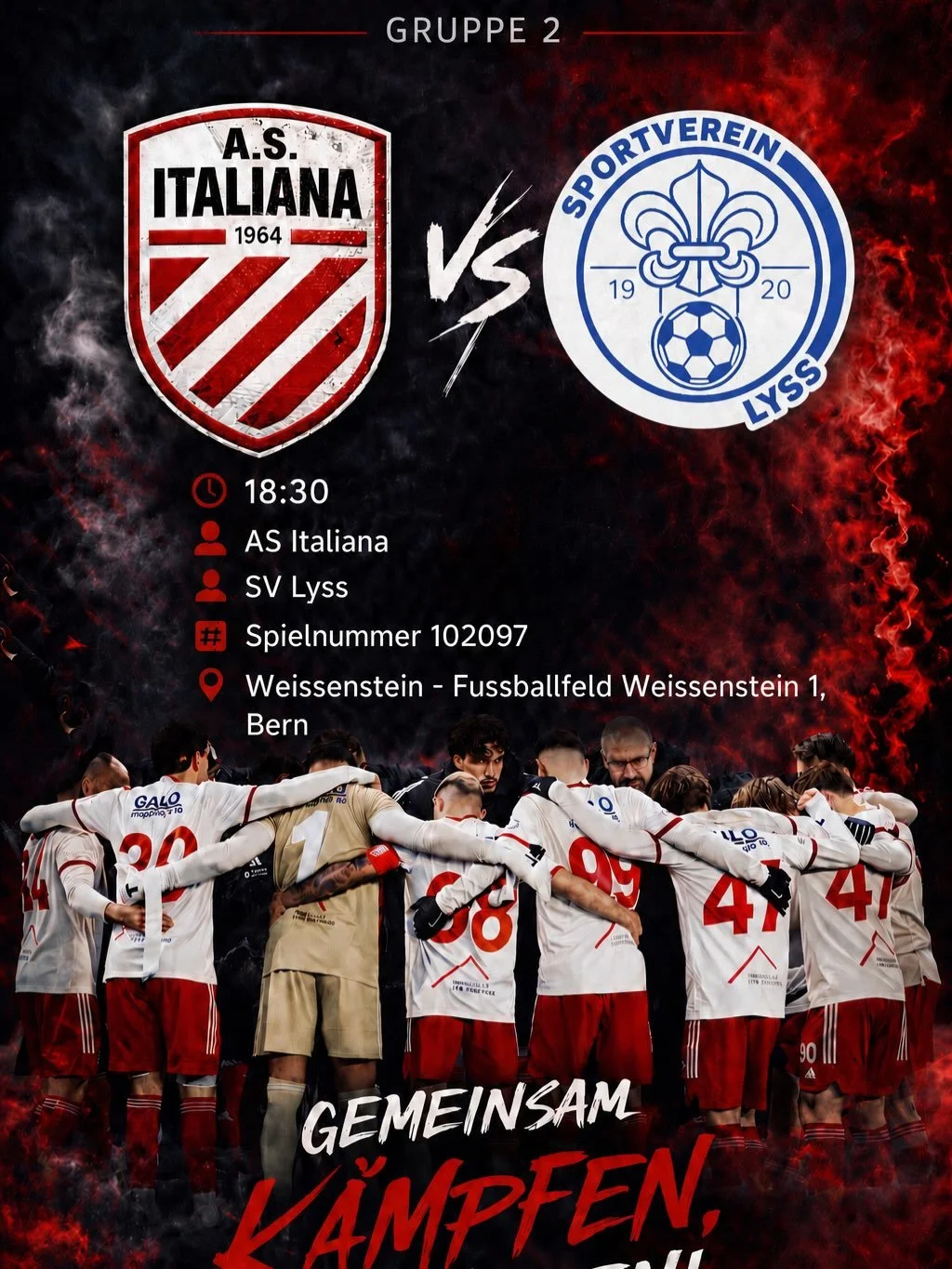 Next Mach‼️🔴⚪️

Wieder zu Hause ‼️

18:30 Sportplatz Weissenstein ⏱️

Forza Ragazzi ❤️🤍‼️