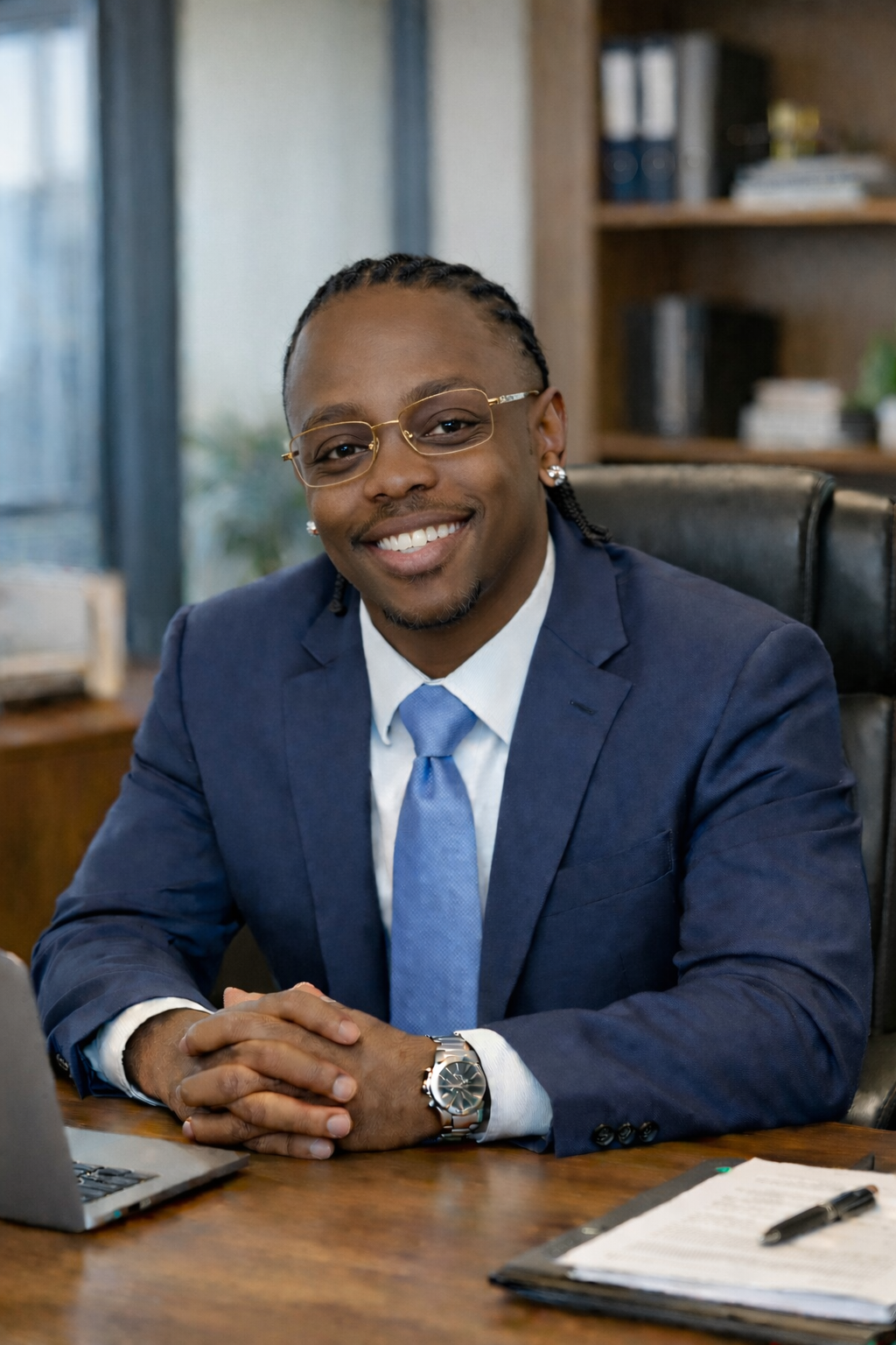 A young man with dark skin wearing a black headwrap and a navy blue polo shirt with a logo on the chest, standing against a plain white background.