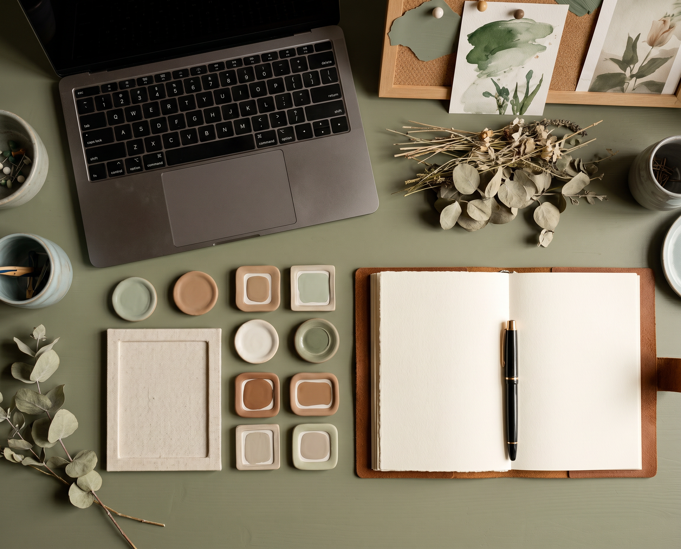 A flat lay image of a workspace with a silver MacBook laptop, watercolor greenery art prints, dried flowers, paint swatches, an open notebook with a pen, and small ceramic containers on a green surface.