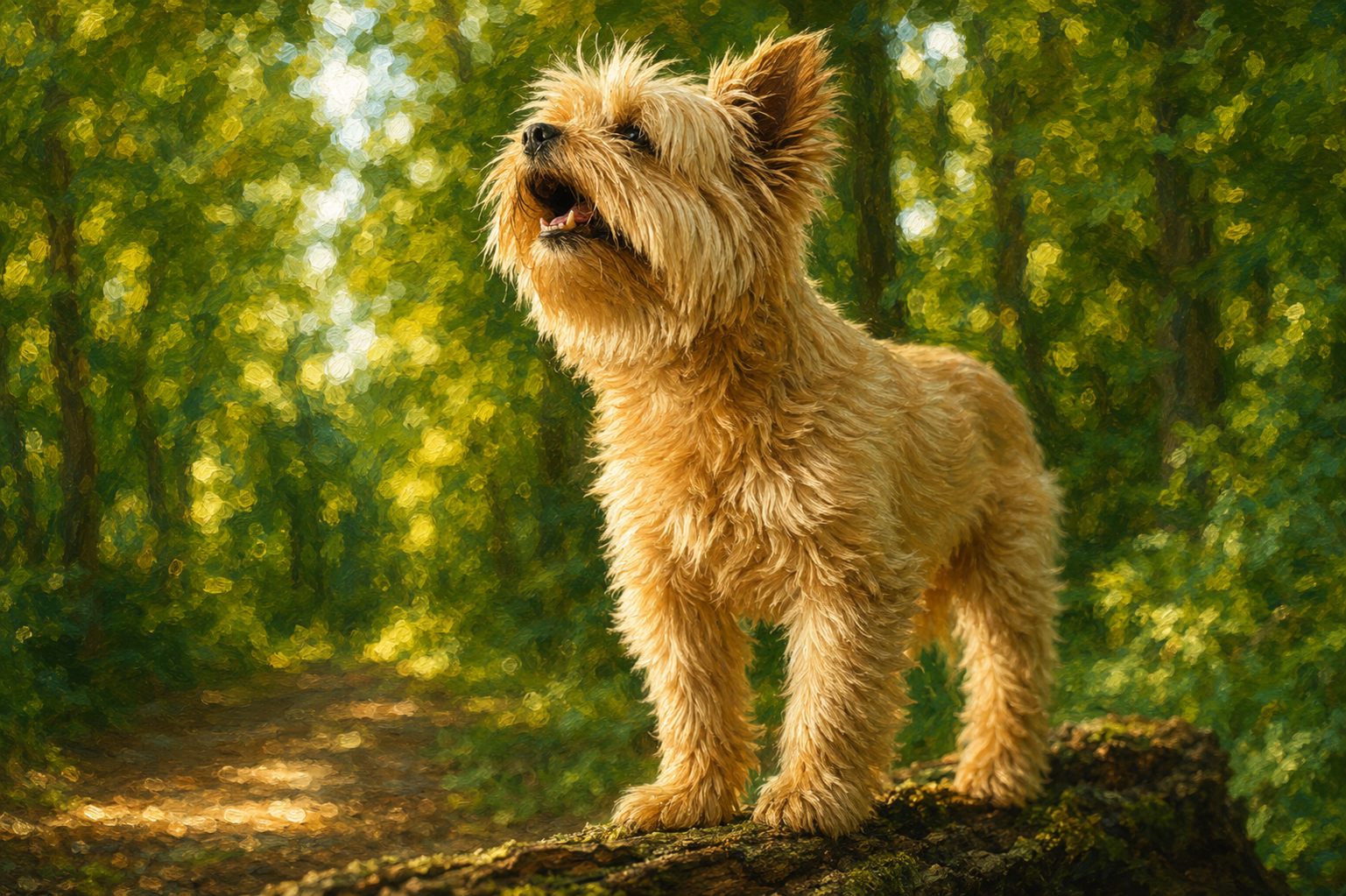 portrait chien sur un tronc forêt illustration