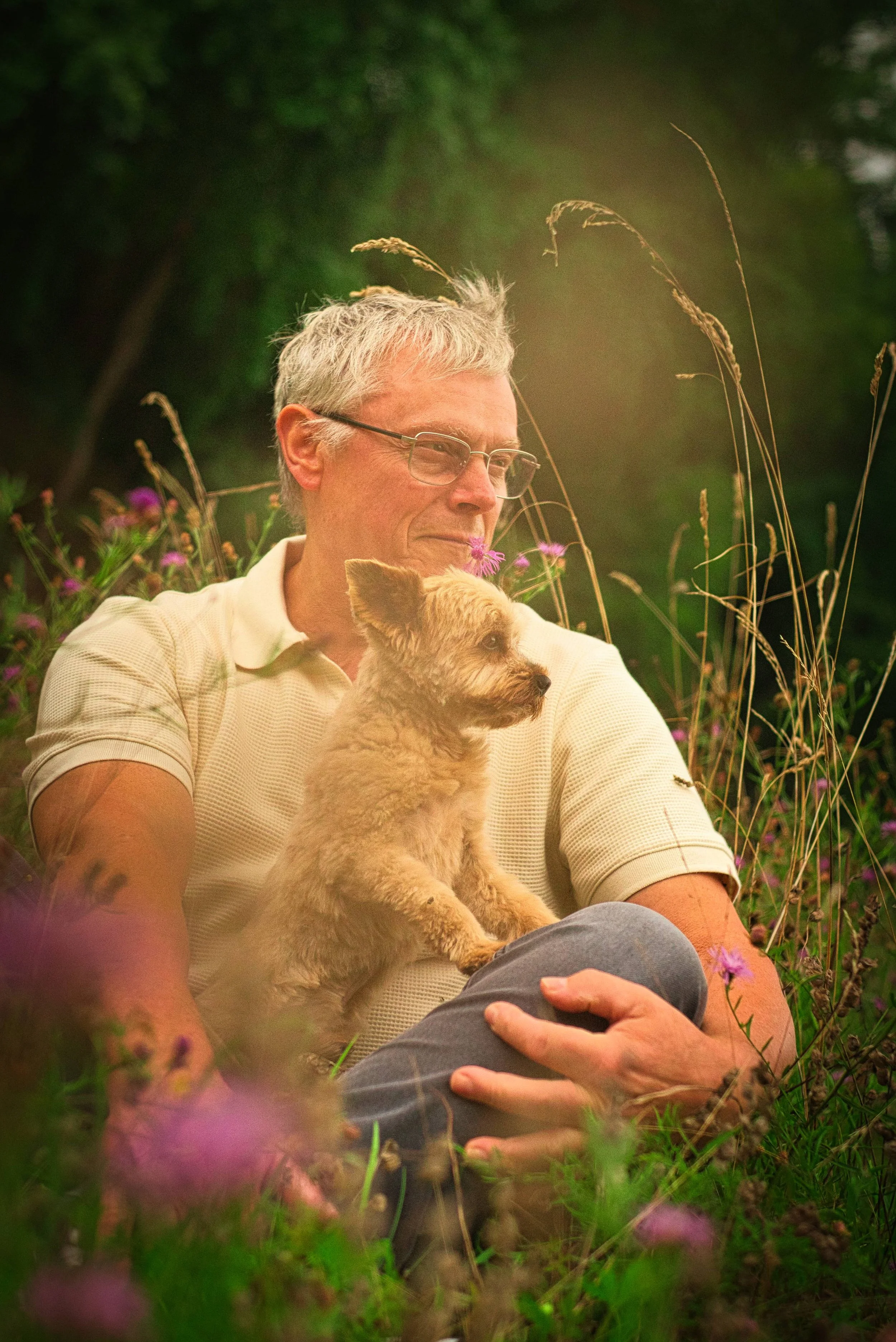 portrait d'un petit chien avec son maître dans les fleurs