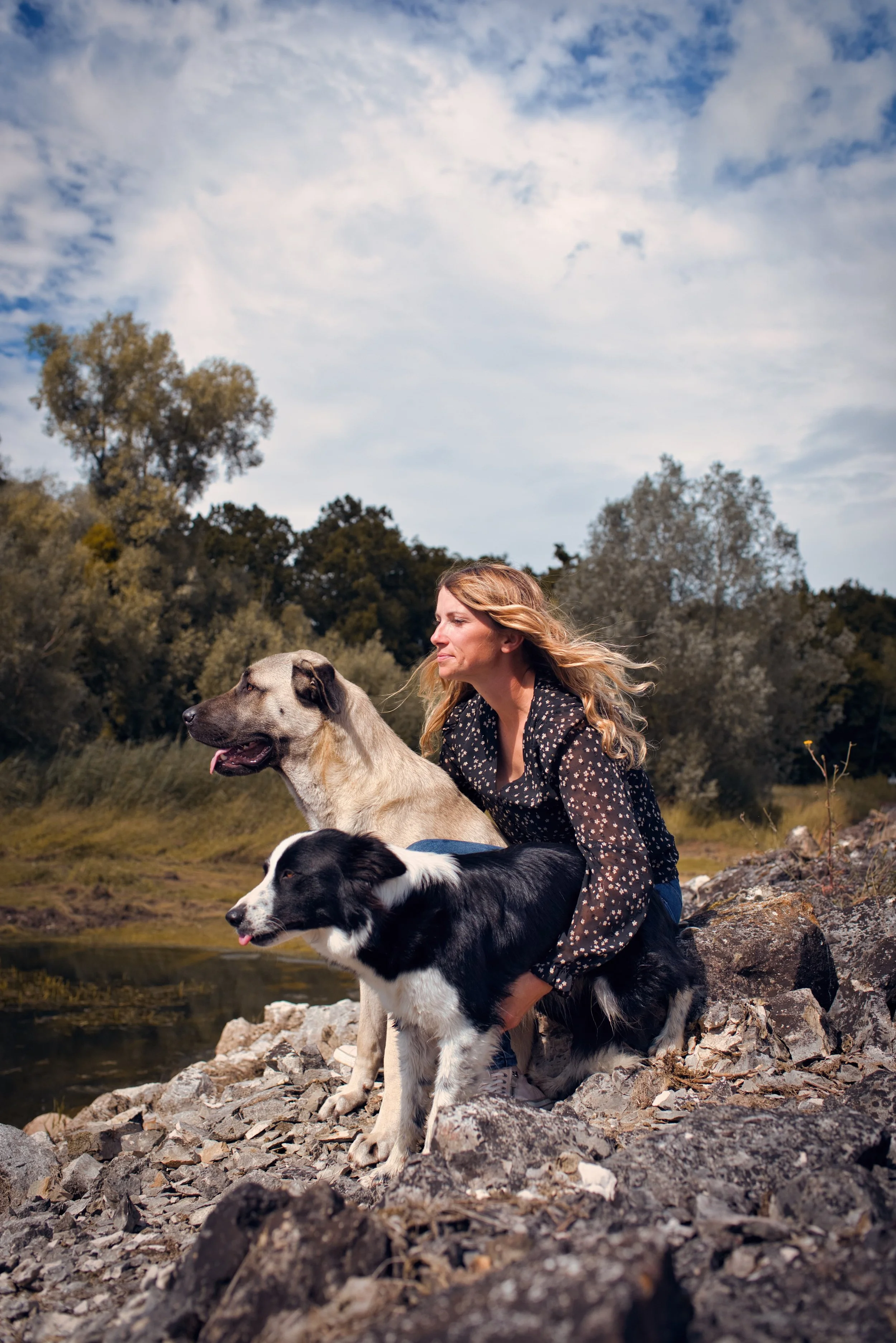 femme blonde avec ses deux chiens, un kangal et un border coli au bord de l'eau sur des pierres