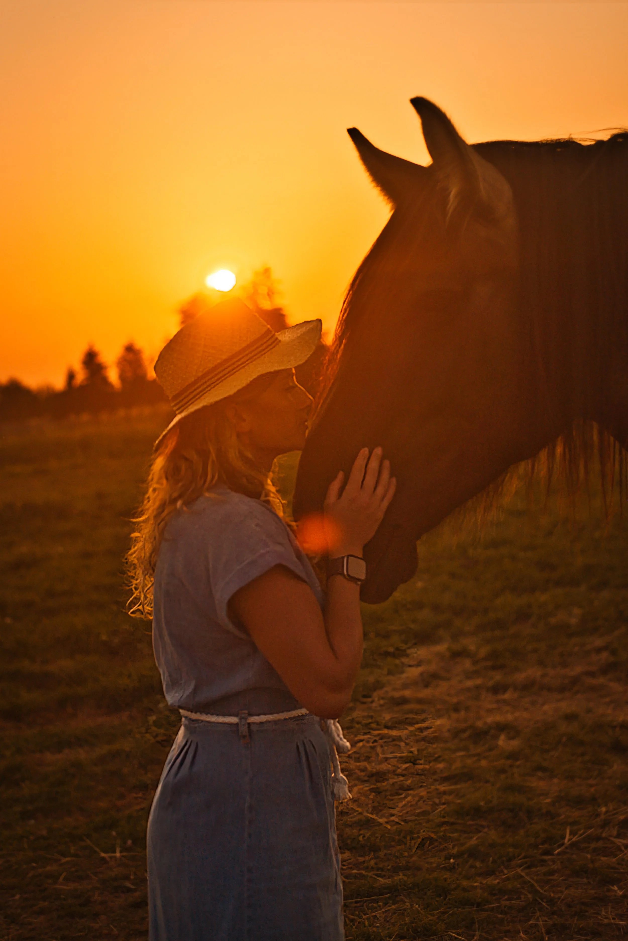 portrait d'une femme avec son cheval au coucher du soleil