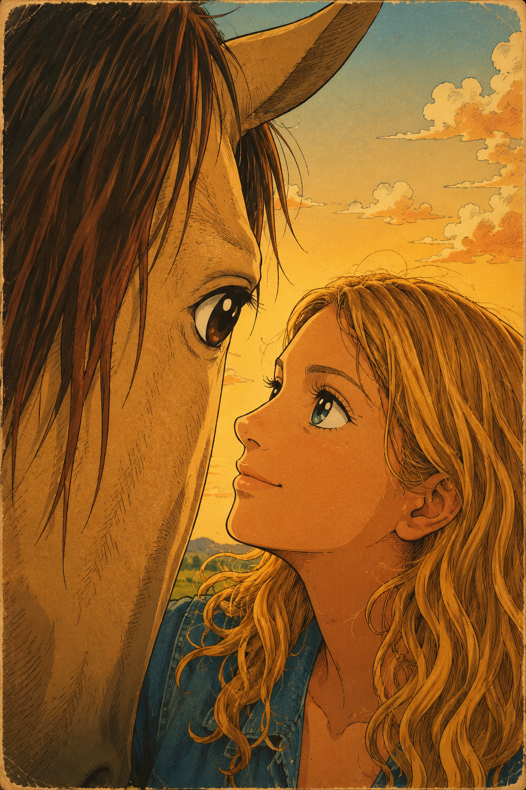 femme gros plan portrait avec son cheval illustration