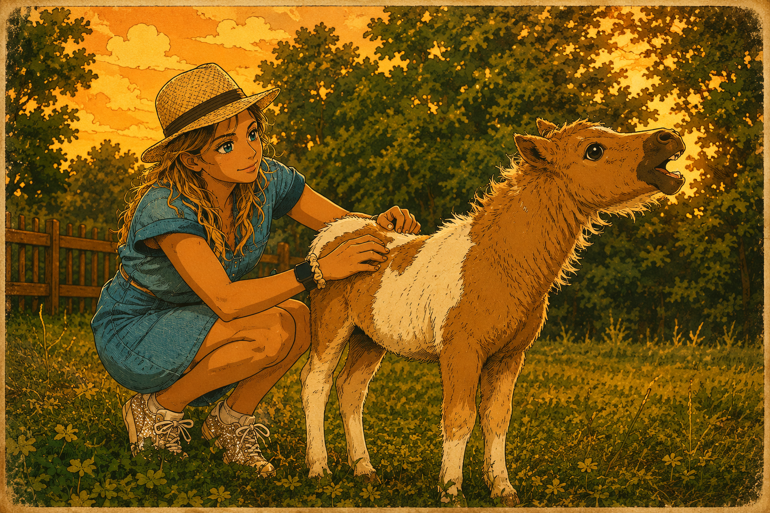 femme avec poulain pré illustration