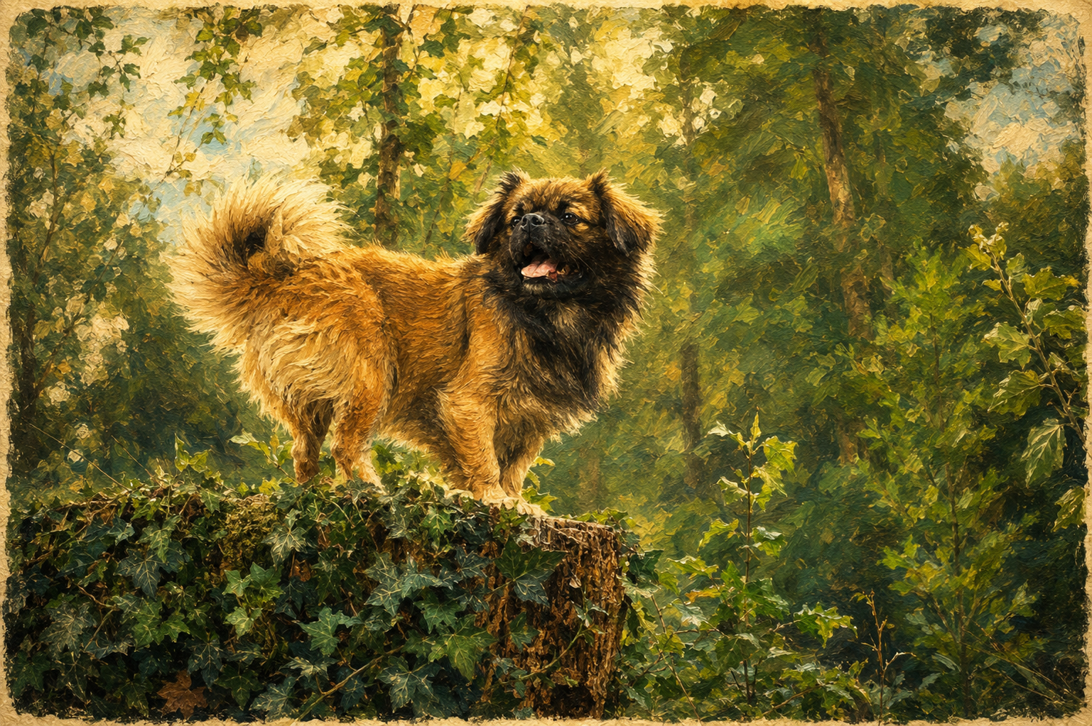 chien epagnol tibétain sur un tronc